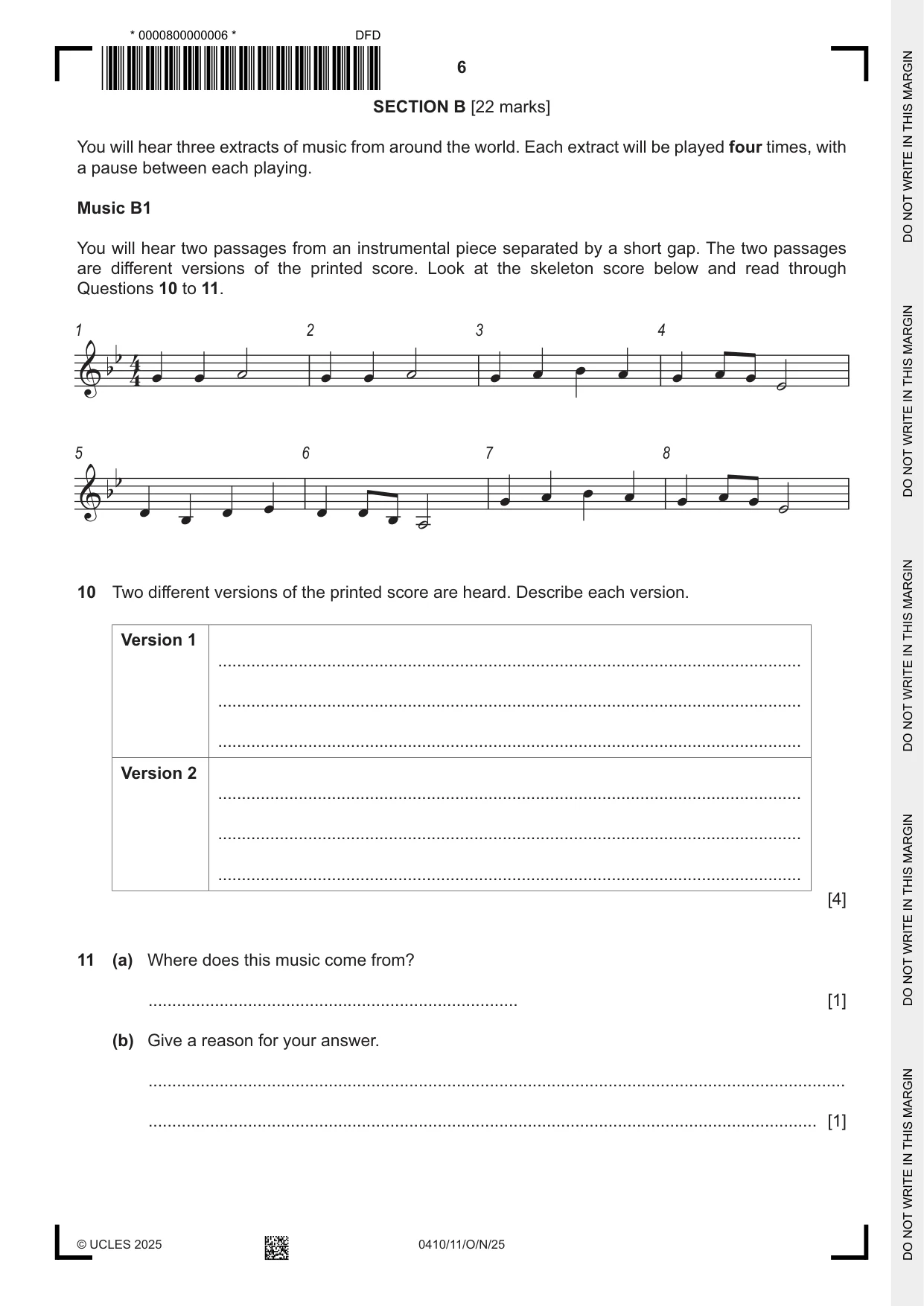 Cambridge IGCSE Music 0410 2025 Oct/Nov Paper 1 · Variant 1 question paper, page 6 of 16