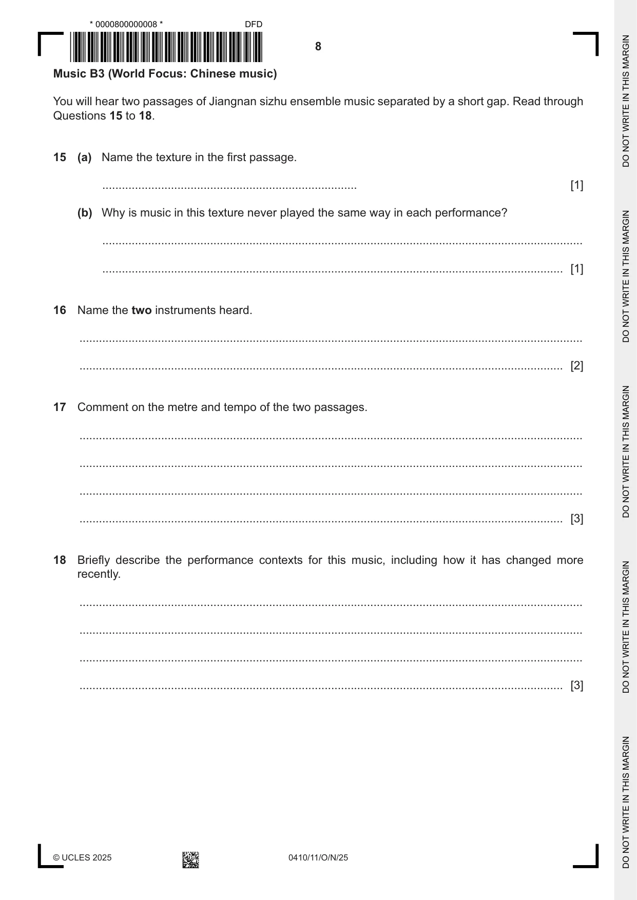 Cambridge IGCSE Music 0410 2025 Oct/Nov Paper 1 · Variant 1 question paper, page 8 of 16