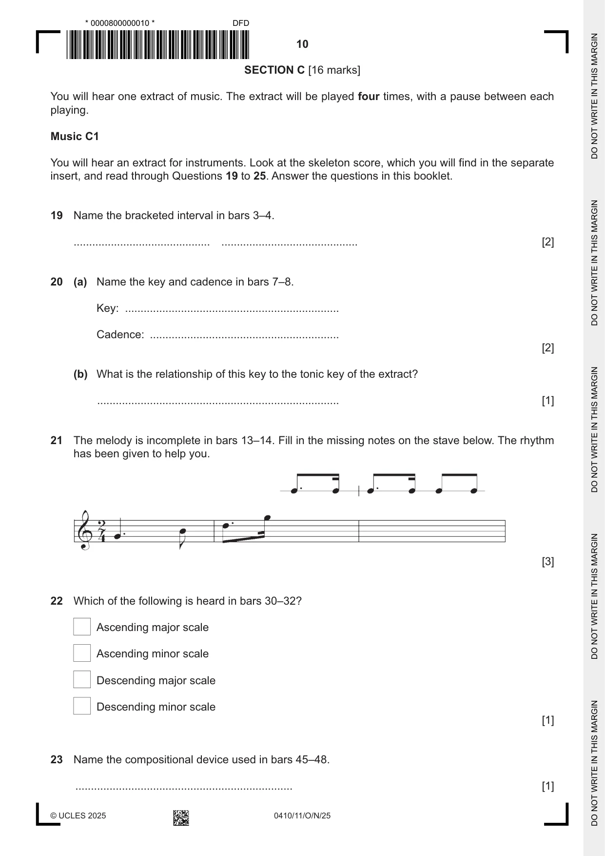 Cambridge IGCSE Music 0410 2025 Oct/Nov Paper 1 · Variant 1 question paper, page 10 of 16