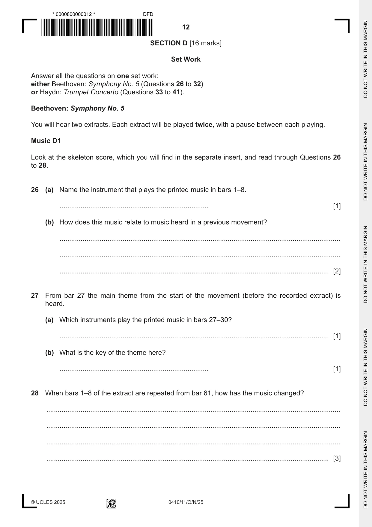 Cambridge IGCSE Music 0410 2025 Oct/Nov Paper 1 · Variant 1 question paper, page 12 of 16