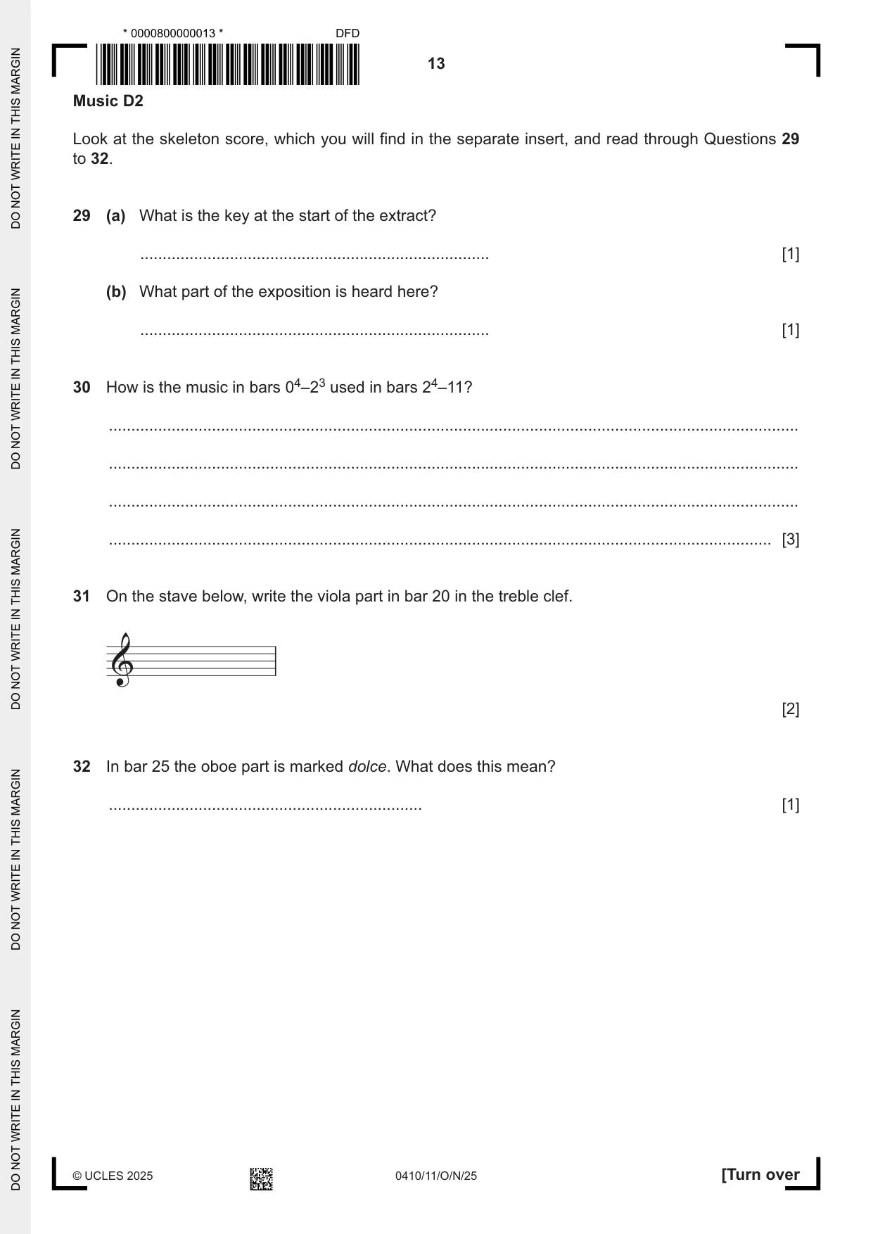 Cambridge IGCSE Music 0410 2025 Oct/Nov Paper 1 · Variant 1 question paper, page 13 of 16