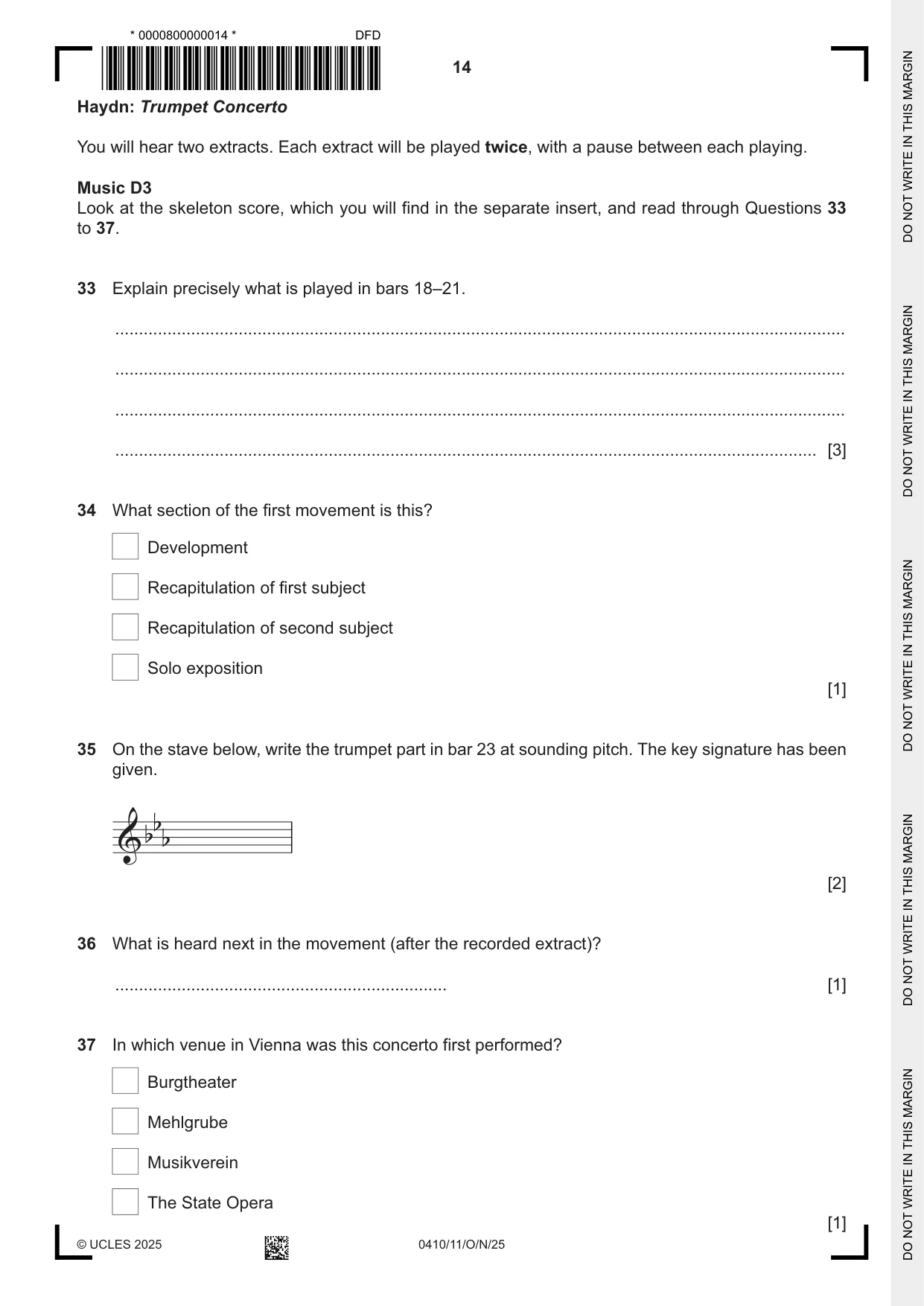 Cambridge IGCSE Music 0410 2025 Oct/Nov Paper 1 · Variant 1 question paper, page 14 of 16