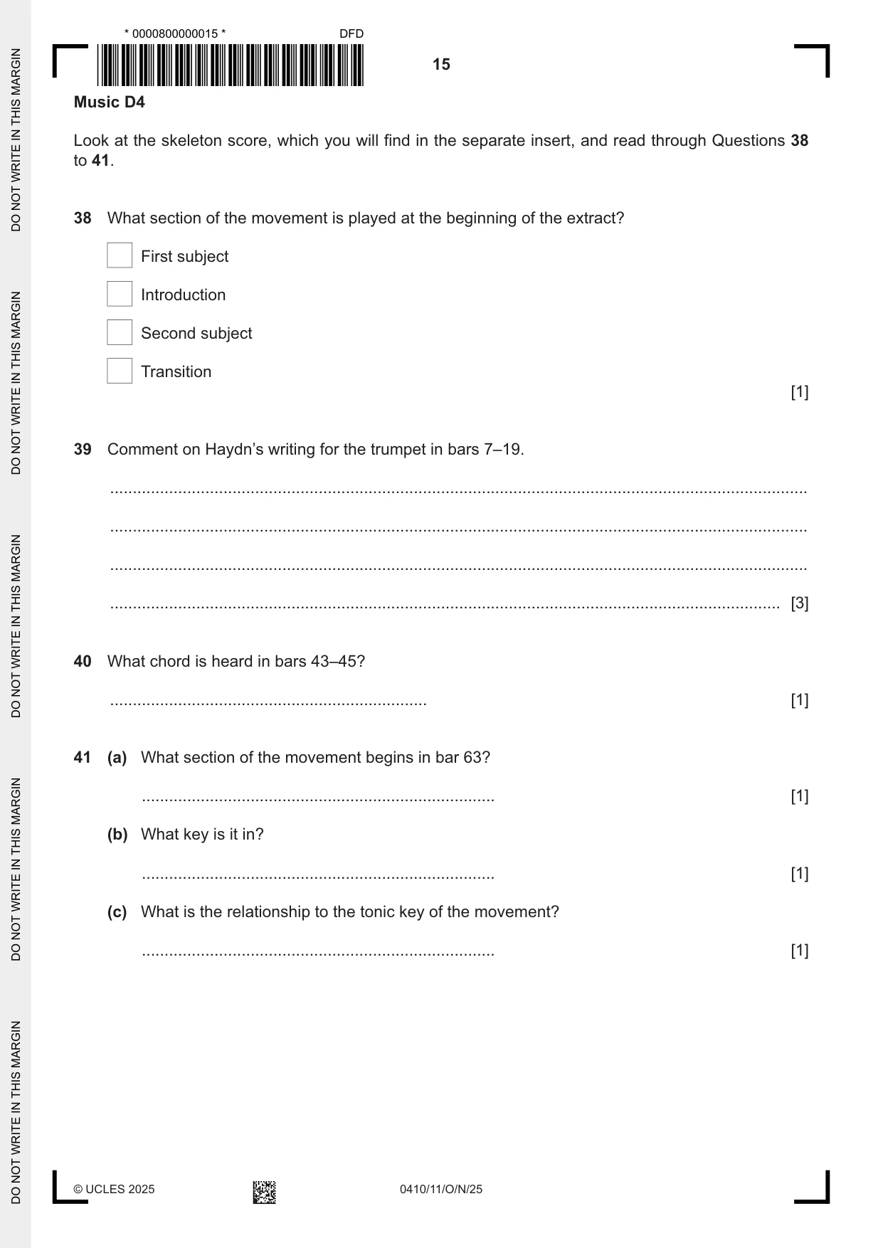 Cambridge IGCSE Music 0410 2025 Oct/Nov Paper 1 · Variant 1 question paper, page 15 of 16