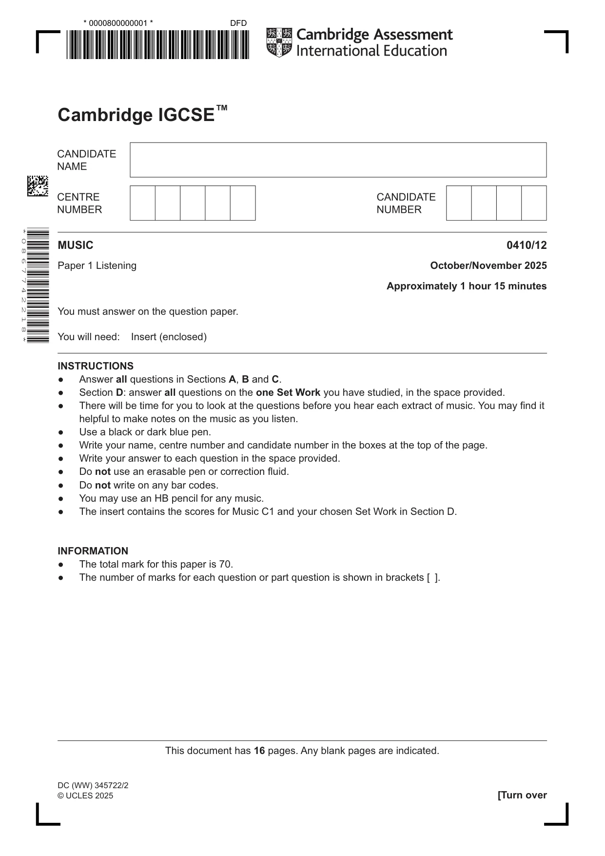 Cambridge IGCSE Music 0410 2025 Oct/Nov Paper 1 · Variant 2 question paper, page 1 of 16