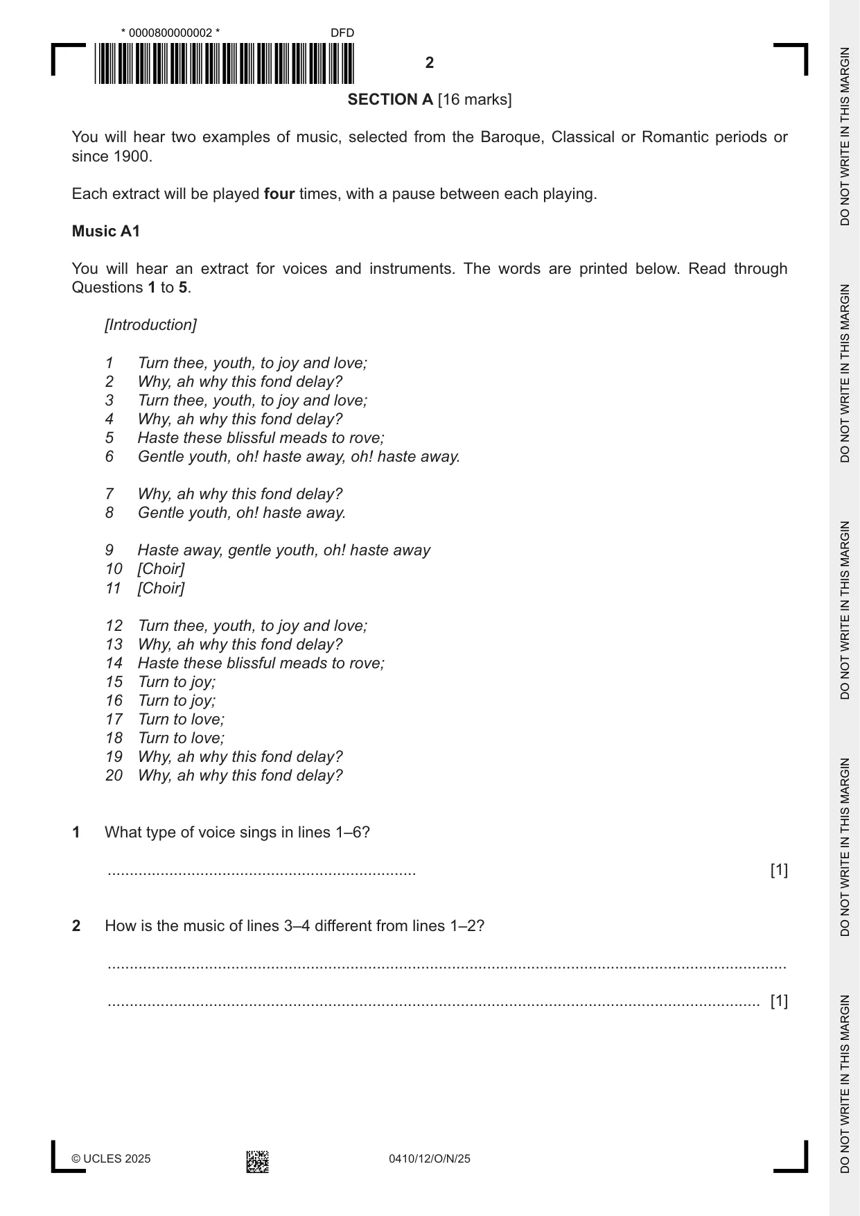 Cambridge IGCSE Music 0410 2025 Oct/Nov Paper 1 · Variant 2 question paper, page 2 of 16