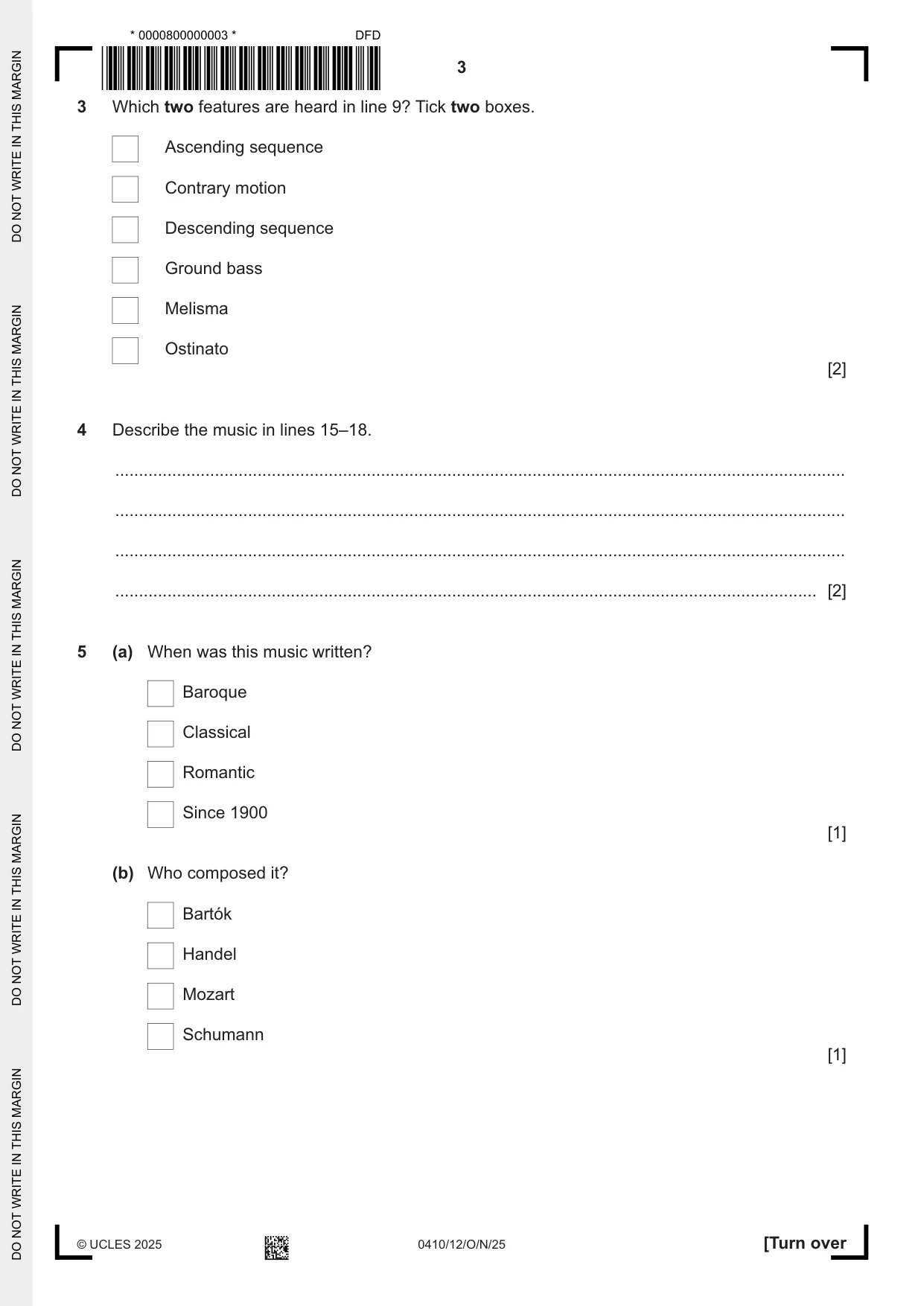 Cambridge IGCSE Music 0410 2025 Oct/Nov Paper 1 · Variant 2 question paper, page 3 of 16