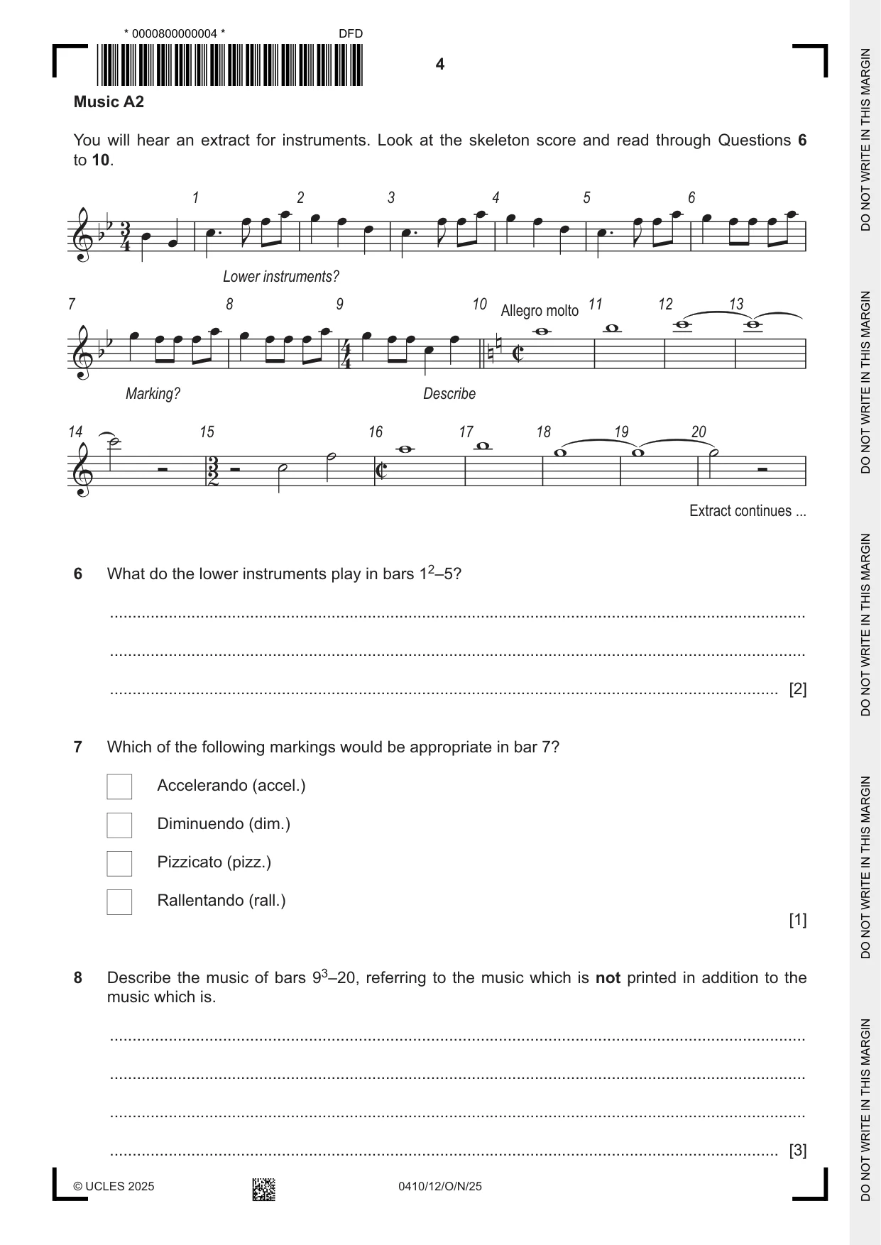 Cambridge IGCSE Music 0410 2025 Oct/Nov Paper 1 · Variant 2 question paper, page 4 of 16