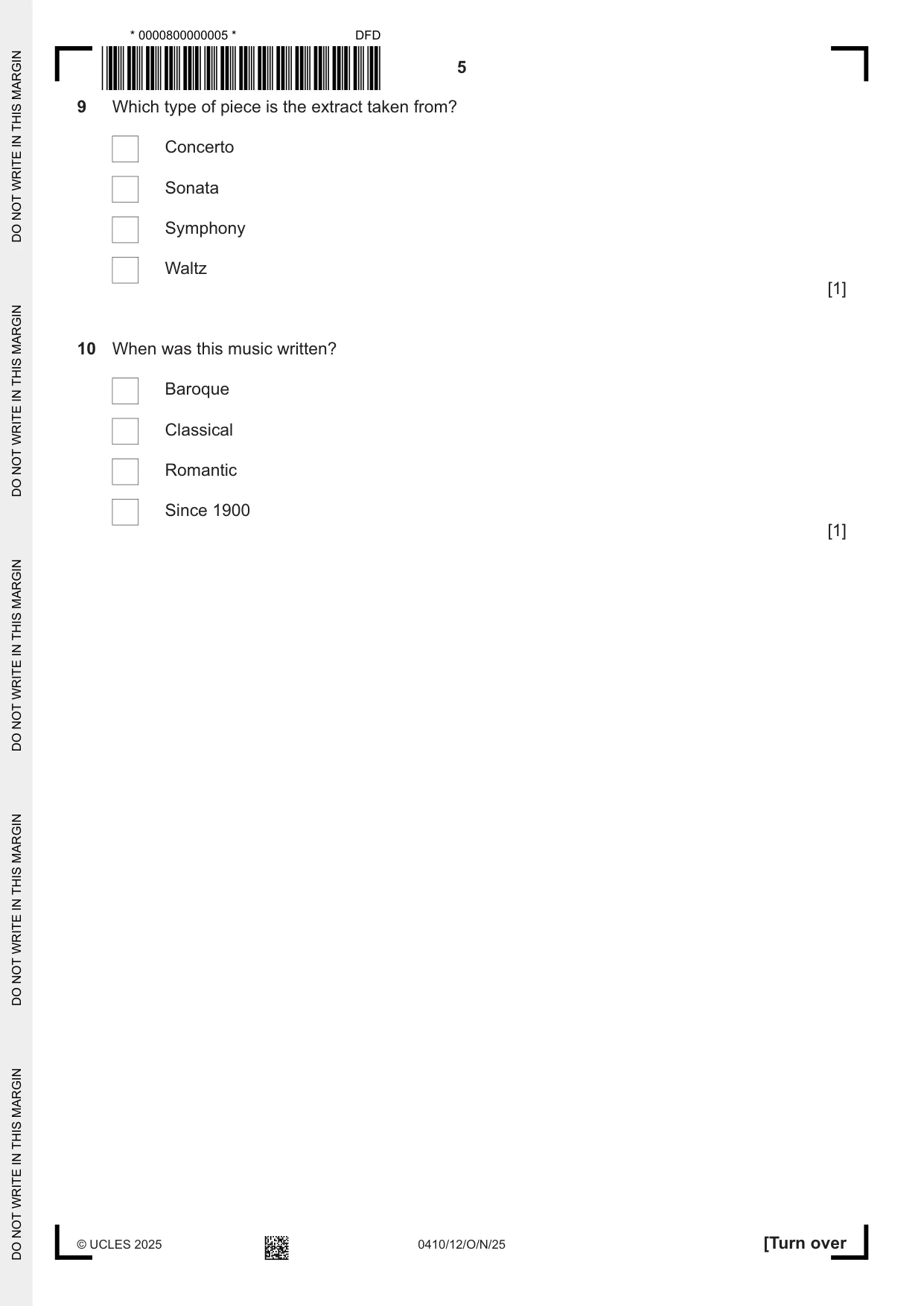 Cambridge IGCSE Music 0410 2025 Oct/Nov Paper 1 · Variant 2 question paper, page 5 of 16