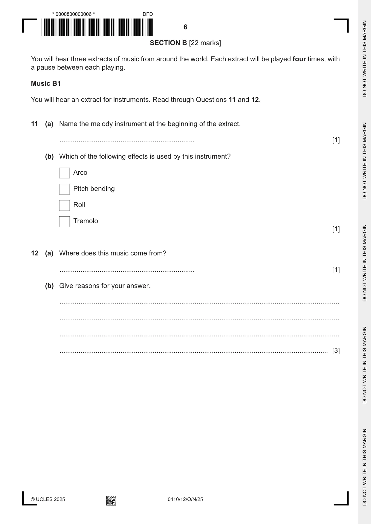 Cambridge IGCSE Music 0410 2025 Oct/Nov Paper 1 · Variant 2 question paper, page 6 of 16