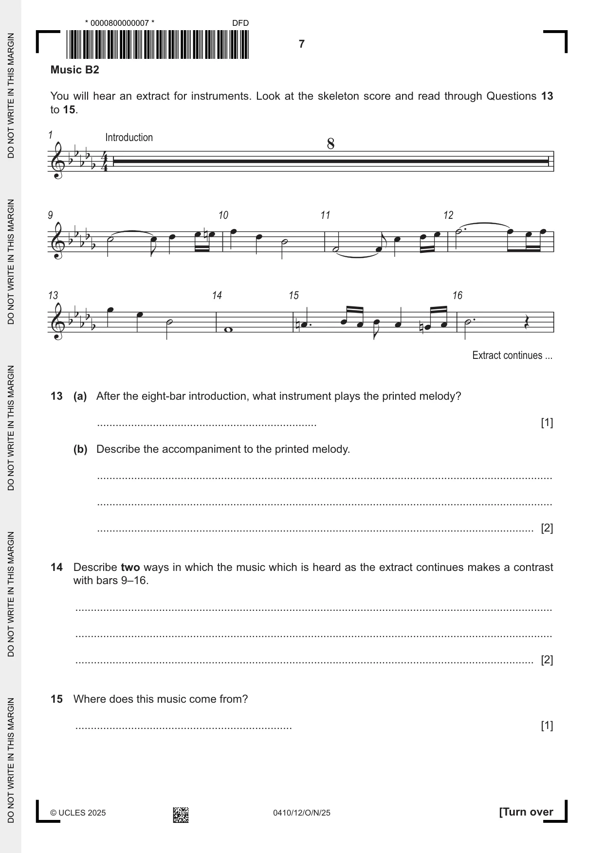Cambridge IGCSE Music 0410 2025 Oct/Nov Paper 1 · Variant 2 question paper, page 7 of 16