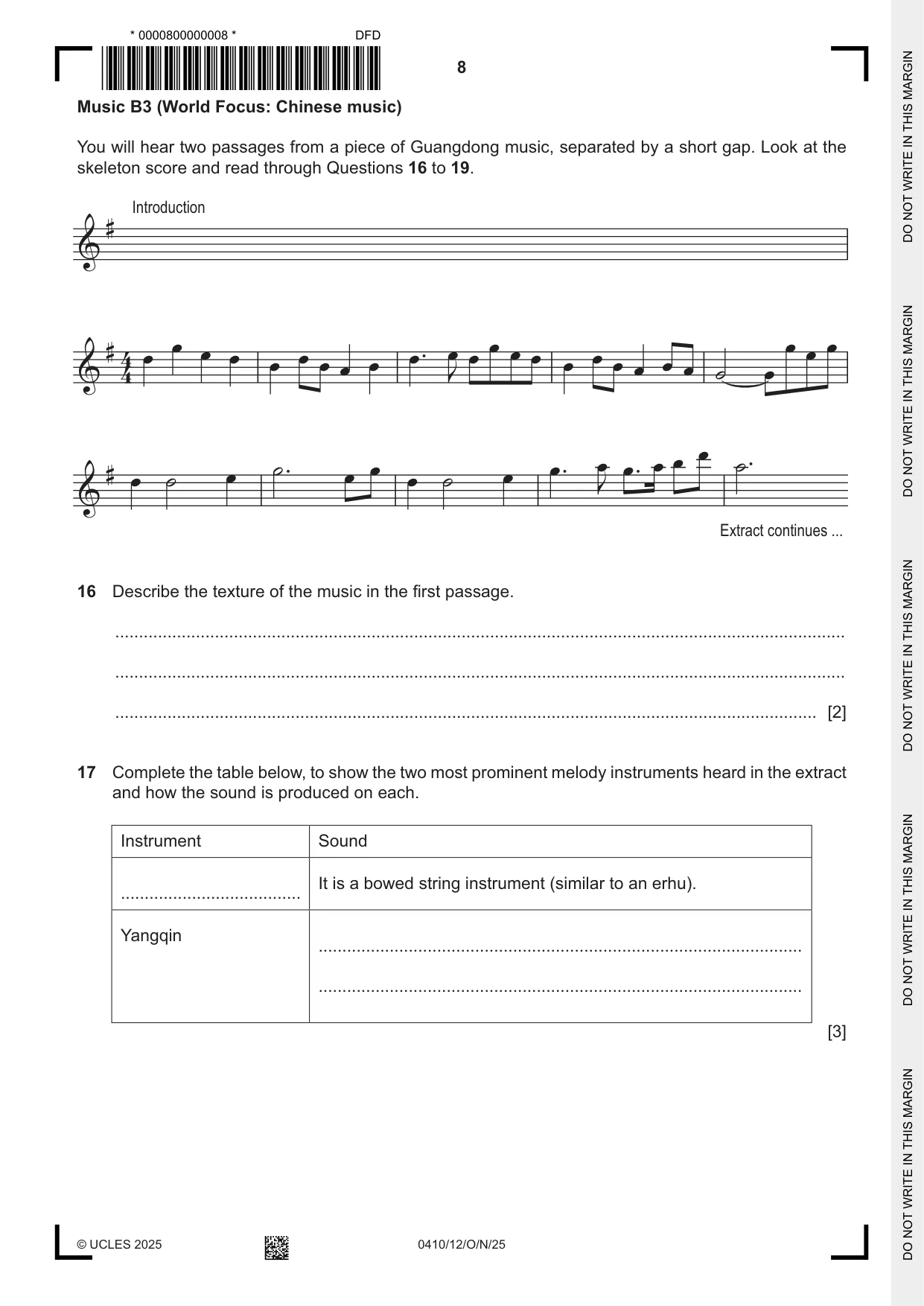 Cambridge IGCSE Music 0410 2025 Oct/Nov Paper 1 · Variant 2 question paper, page 8 of 16