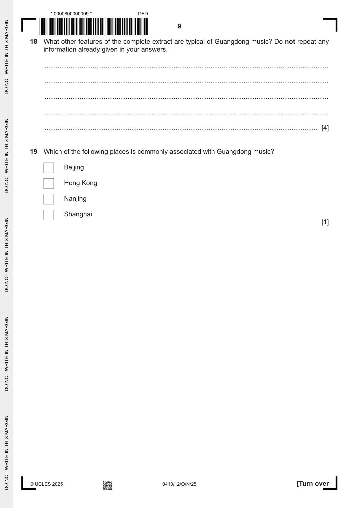 Cambridge IGCSE Music 0410 2025 Oct/Nov Paper 1 · Variant 2 question paper, page 9 of 16
