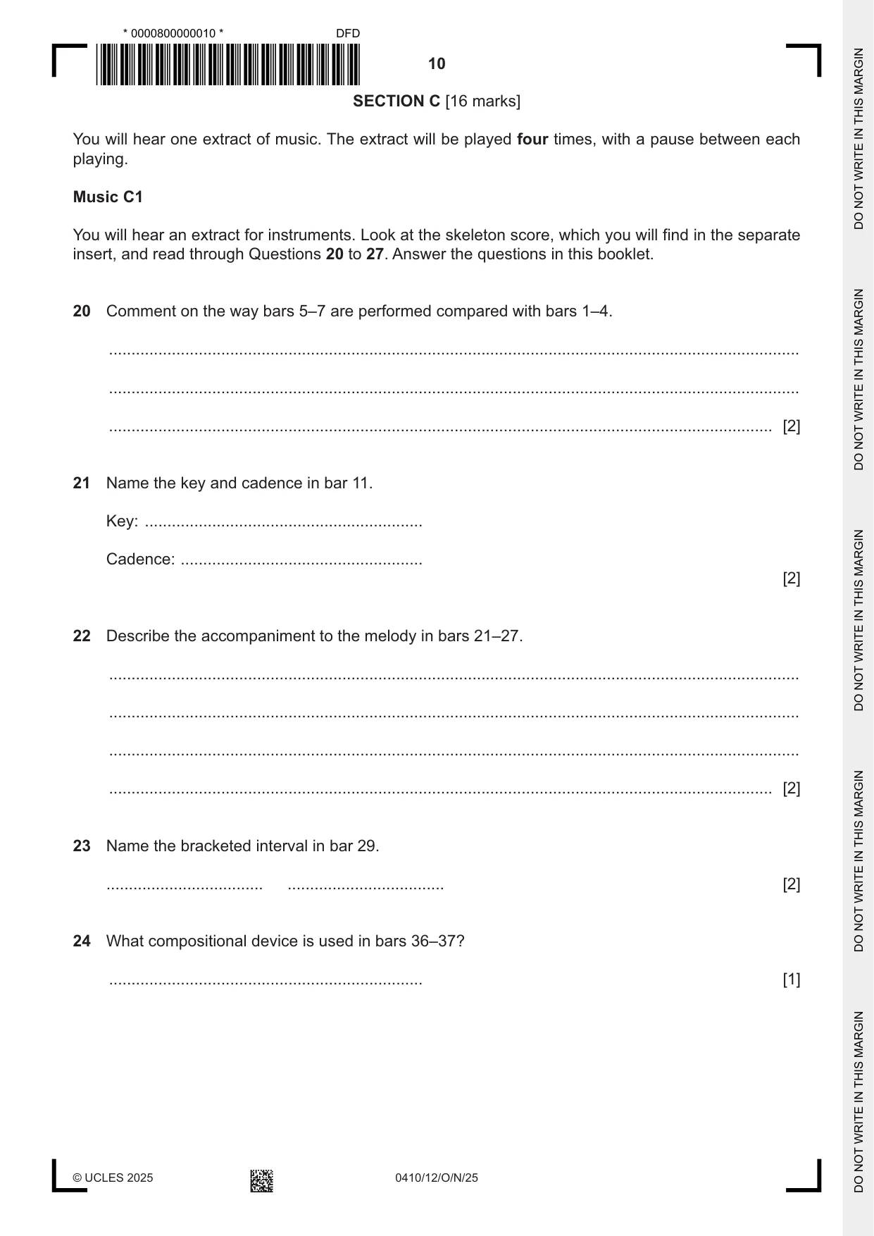Cambridge IGCSE Music 0410 2025 Oct/Nov Paper 1 · Variant 2 question paper, page 10 of 16