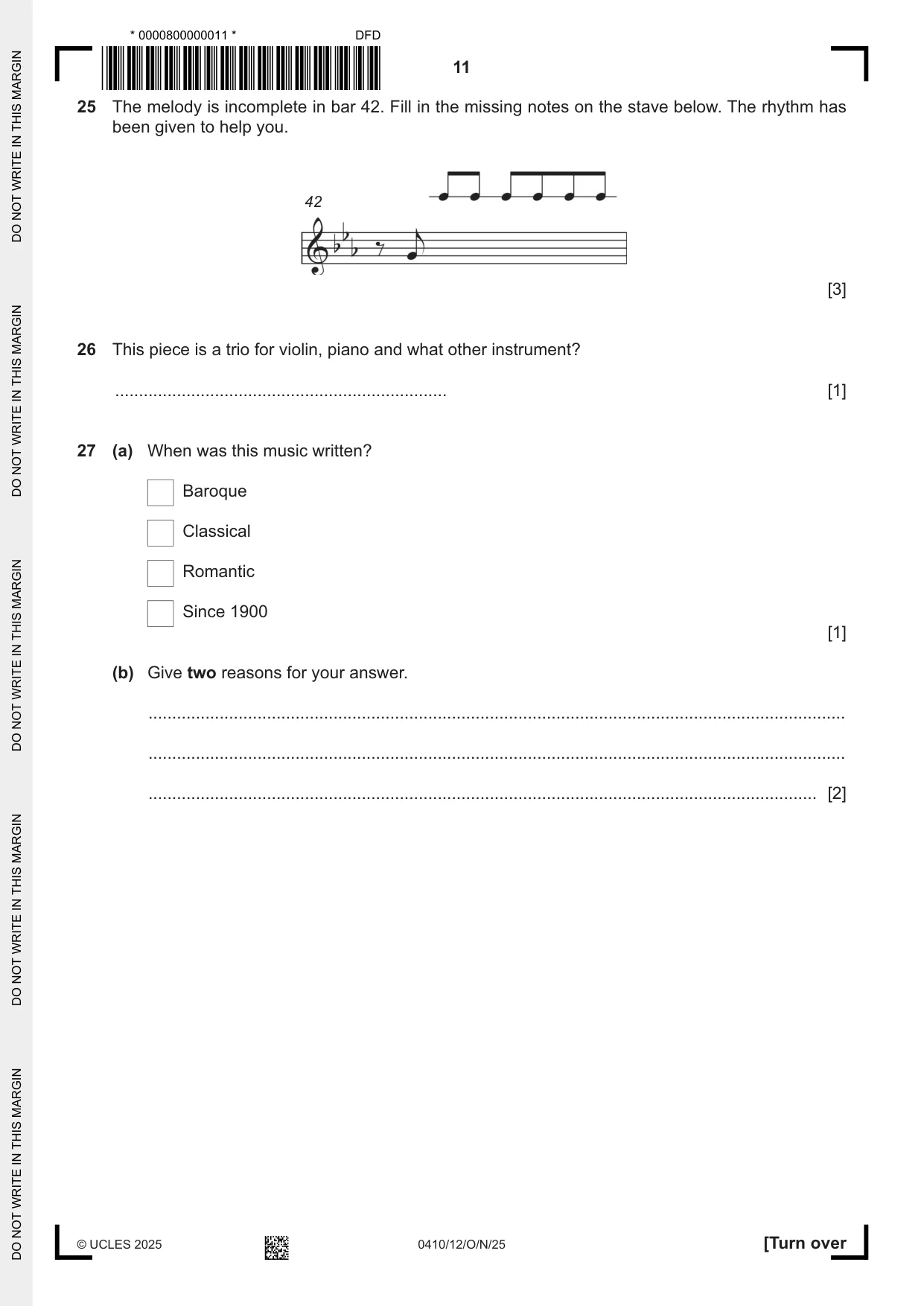 Cambridge IGCSE Music 0410 2025 Oct/Nov Paper 1 · Variant 2 question paper, page 11 of 16