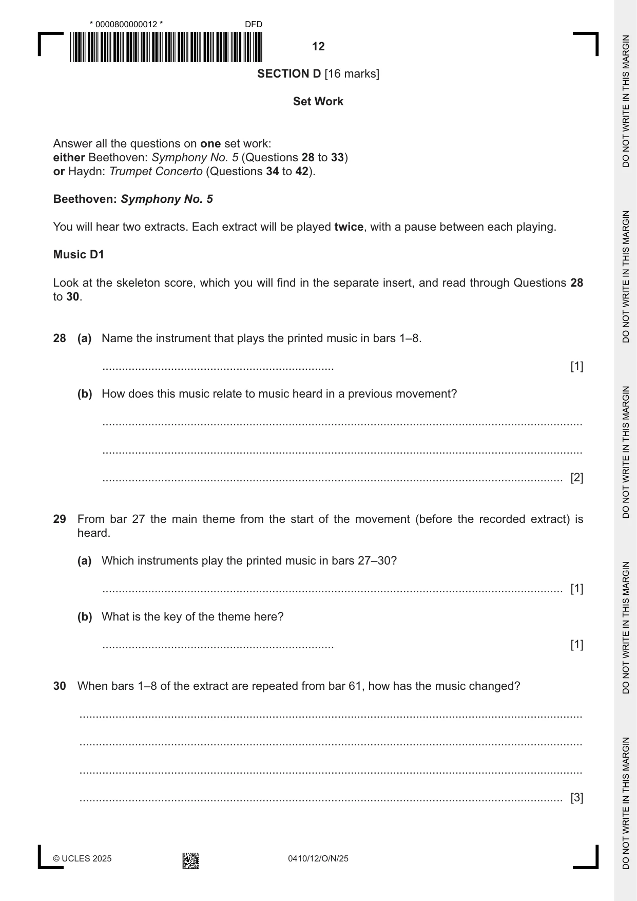 Cambridge IGCSE Music 0410 2025 Oct/Nov Paper 1 · Variant 2 question paper, page 12 of 16