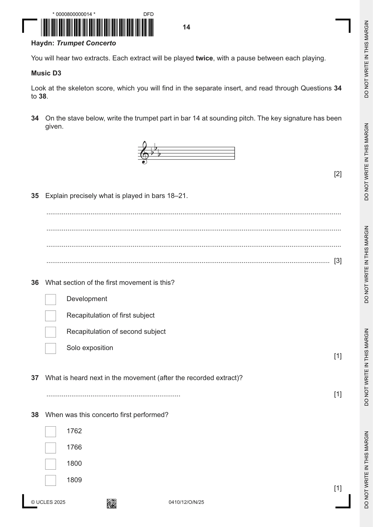 Cambridge IGCSE Music 0410 2025 Oct/Nov Paper 1 · Variant 2 question paper, page 14 of 16