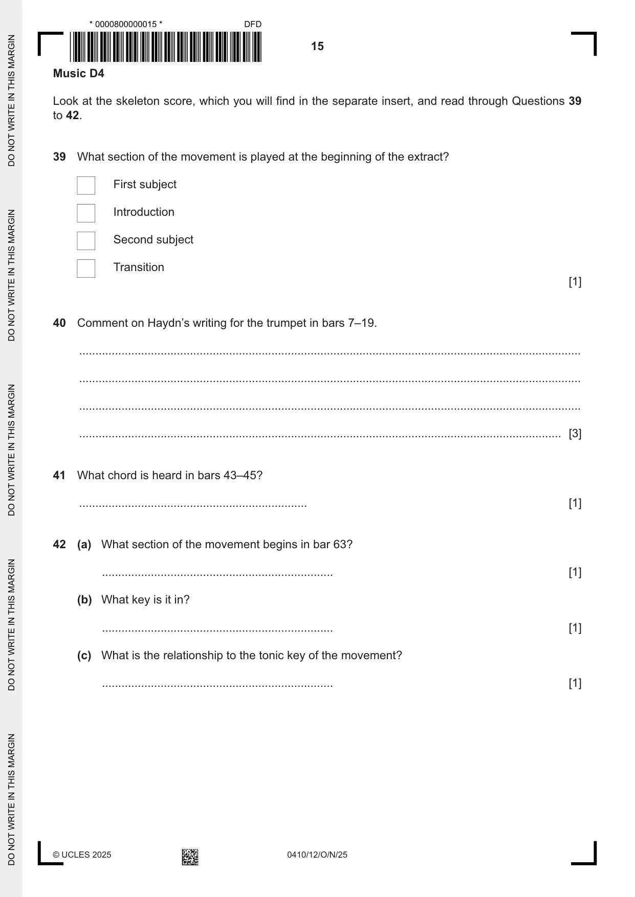 Cambridge IGCSE Music 0410 2025 Oct/Nov Paper 1 · Variant 2 question paper, page 15 of 16