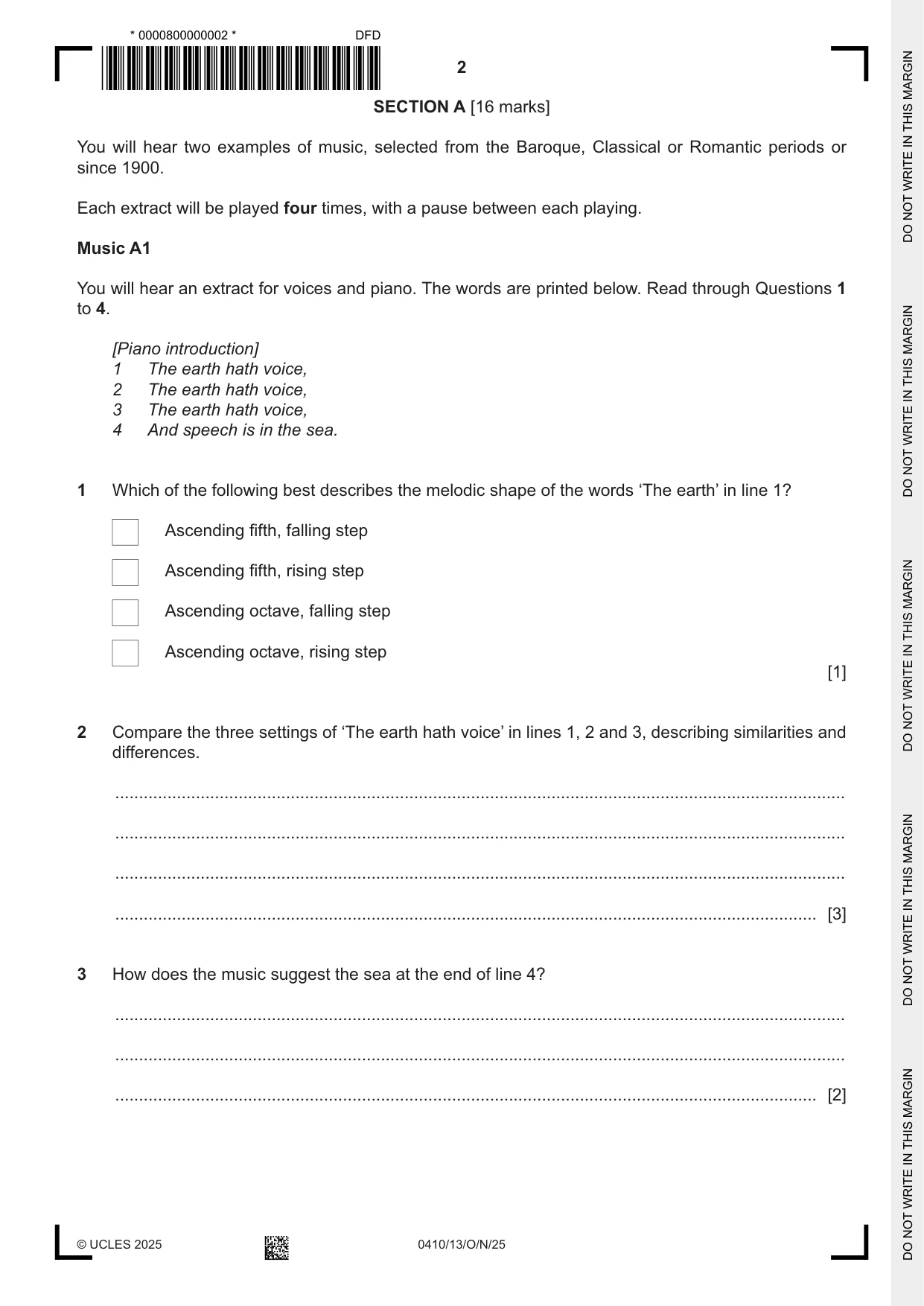 Cambridge IGCSE Music 0410 2025 Oct/Nov Paper 1 · Variant 3 question paper, page 2 of 16