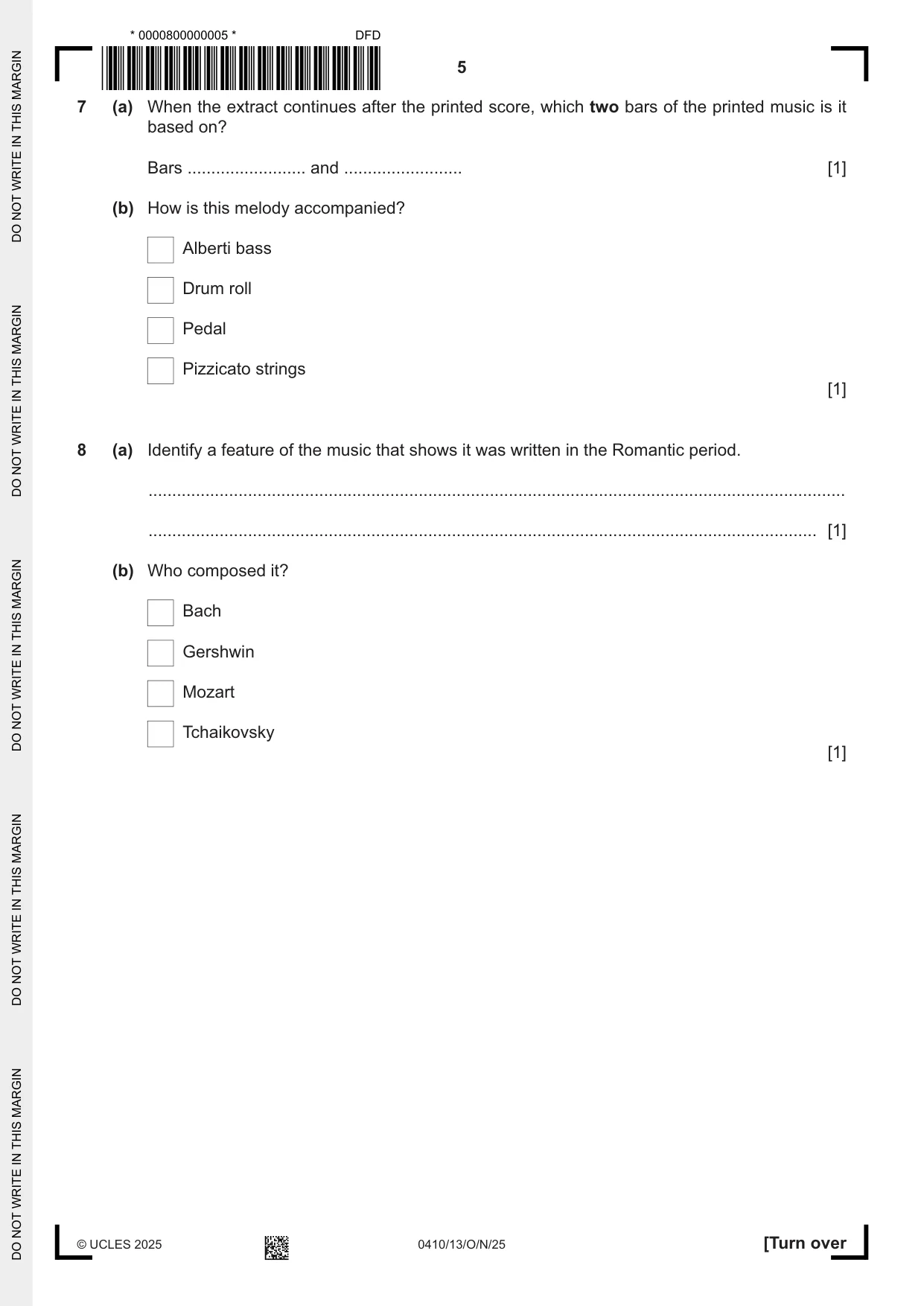 Cambridge IGCSE Music 0410 2025 Oct/Nov Paper 1 · Variant 3 question paper, page 5 of 16