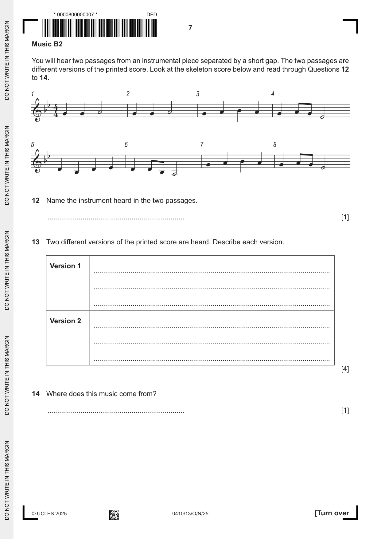 Cambridge IGCSE Music 0410 2025 Oct/Nov Paper 1 · Variant 3 question paper, page 7 of 16