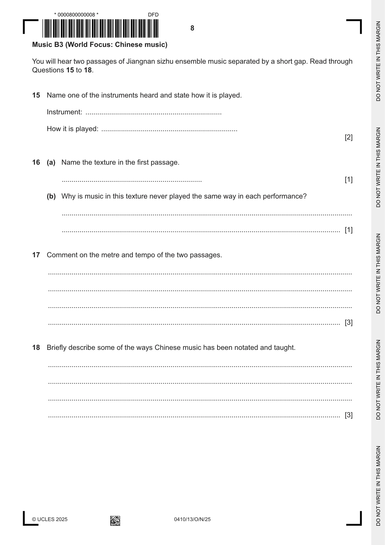 Cambridge IGCSE Music 0410 2025 Oct/Nov Paper 1 · Variant 3 question paper, page 8 of 16