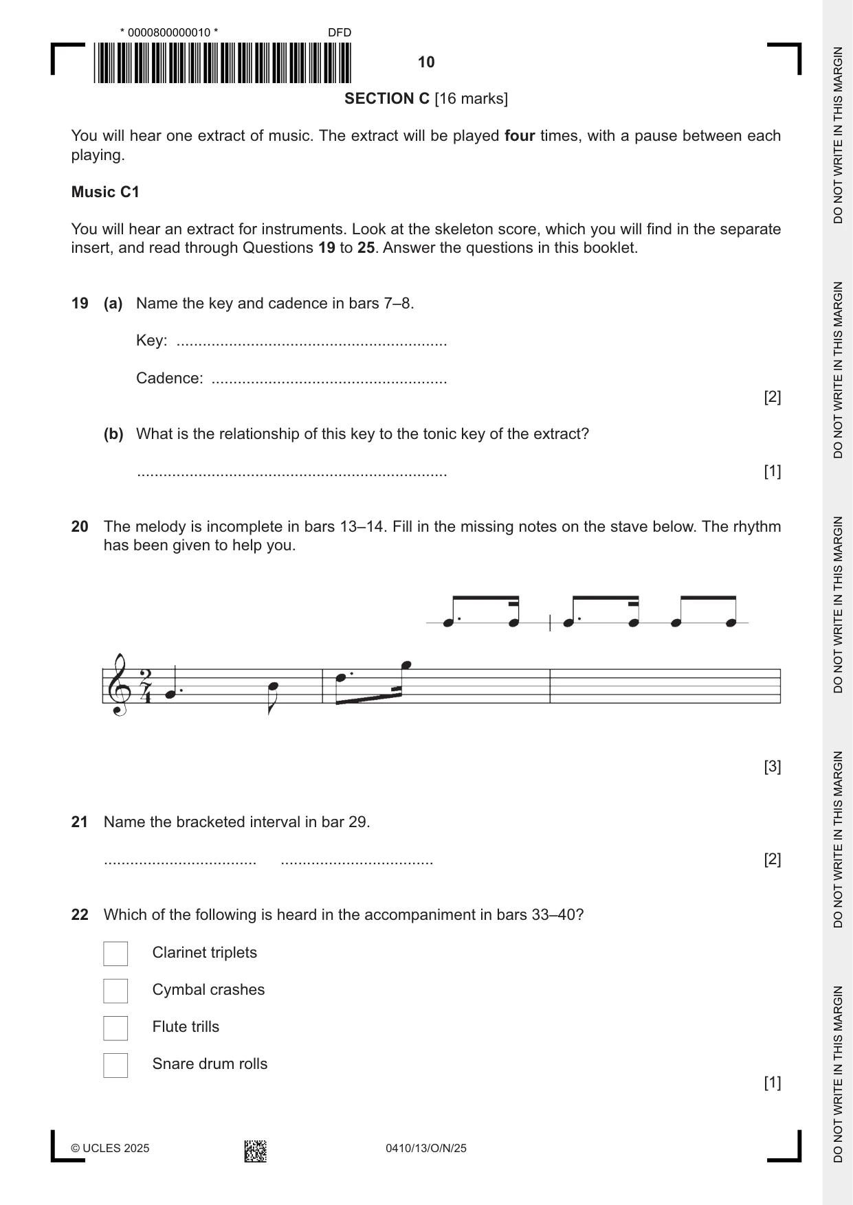 Cambridge IGCSE Music 0410 2025 Oct/Nov Paper 1 · Variant 3 question paper, page 10 of 16