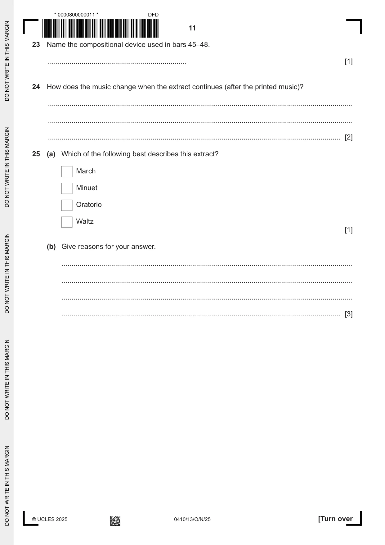 Cambridge IGCSE Music 0410 2025 Oct/Nov Paper 1 · Variant 3 question paper, page 11 of 16