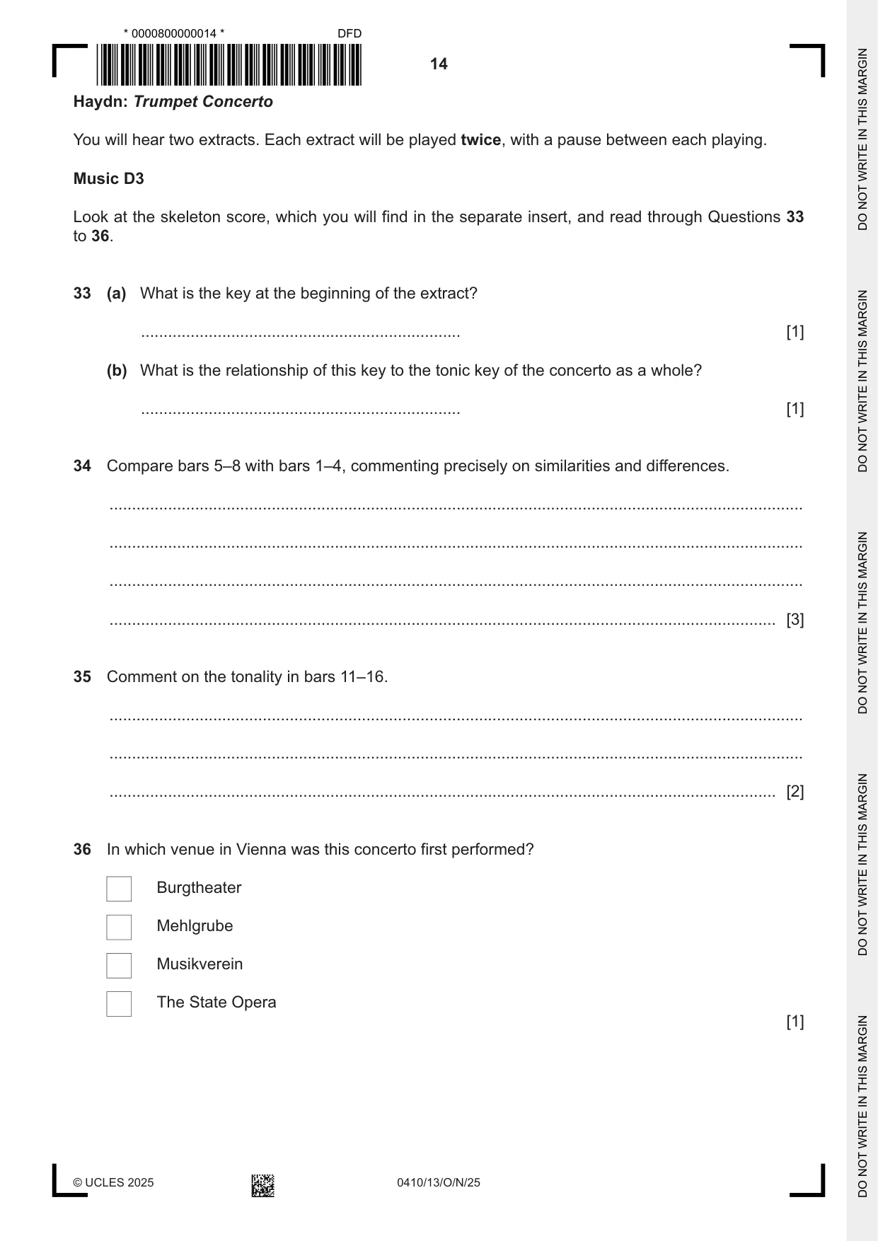 Cambridge IGCSE Music 0410 2025 Oct/Nov Paper 1 · Variant 3 question paper, page 14 of 16