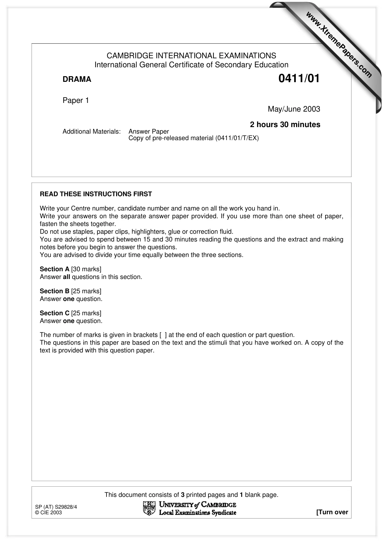 Cambridge IGCSE Drama 0411 2003 May/June Paper 1 · Variant 1 question paper, page 1 of 4