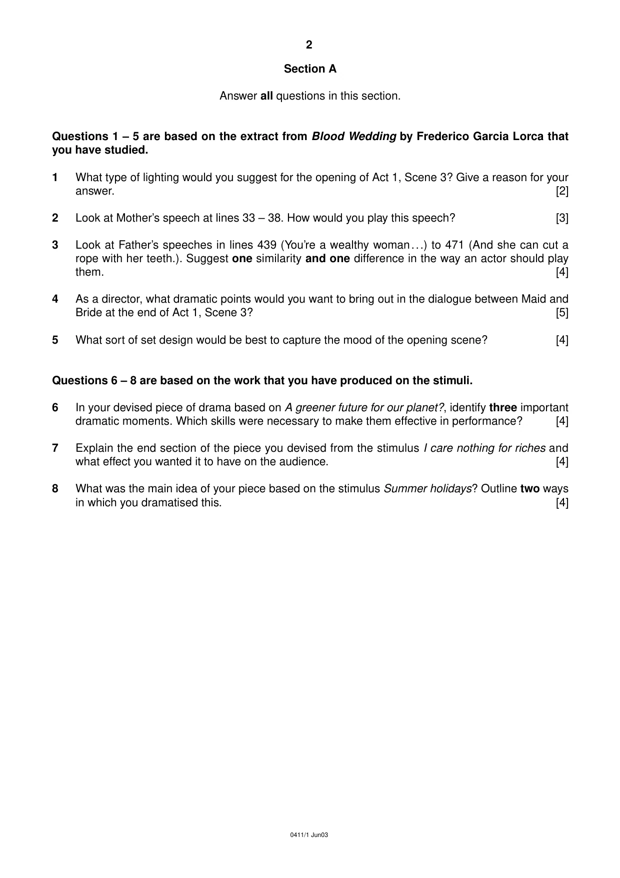 Cambridge IGCSE Drama 0411 2003 May/June Paper 1 · Variant 1 question paper, page 2 of 4