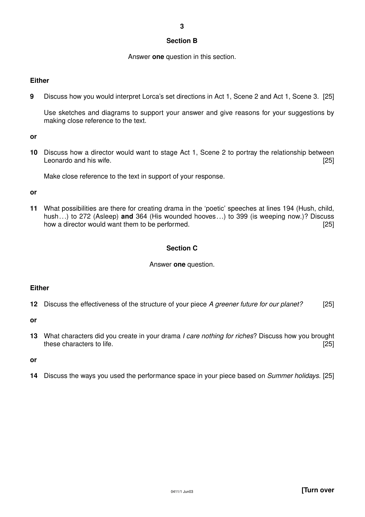 Cambridge IGCSE Drama 0411 2003 May/June Paper 1 · Variant 1 question paper, page 3 of 4