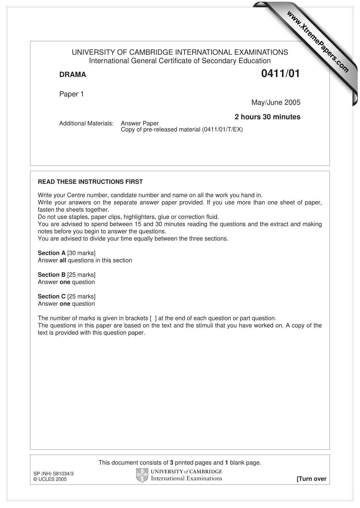 Cambridge IGCSE Drama 0411 2005 May/June Paper 1 · Variant 1 question paper, page 1 of 4