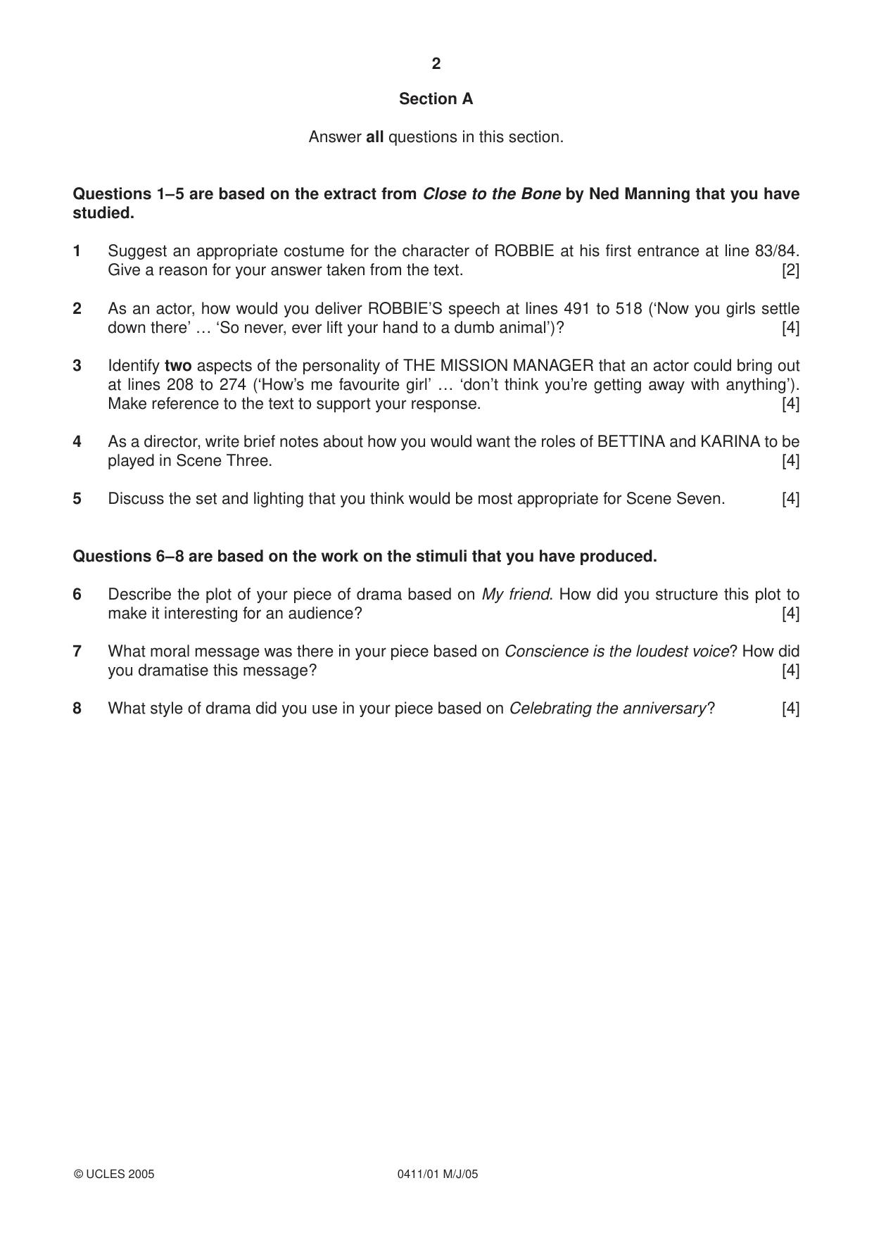 Cambridge IGCSE Drama 0411 2005 May/June Paper 1 · Variant 1 question paper, page 2 of 4
