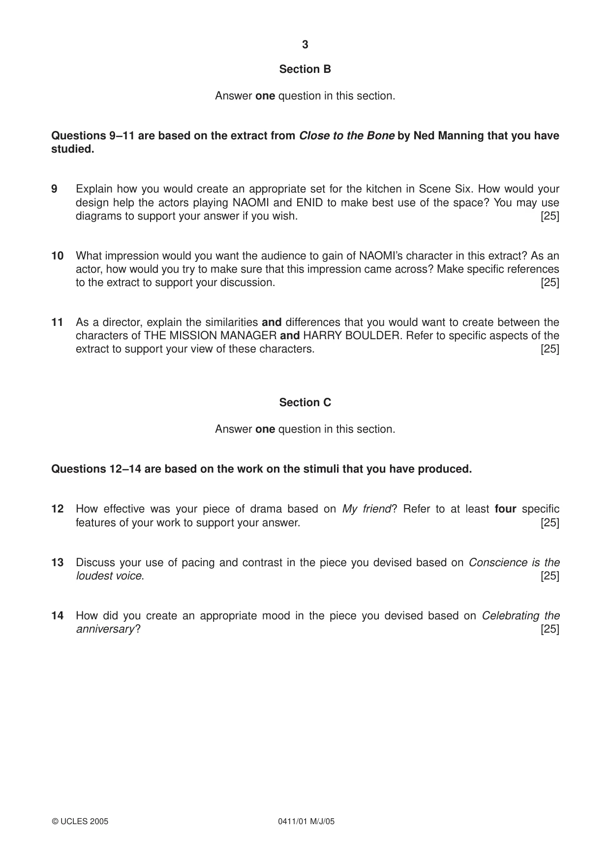 Cambridge IGCSE Drama 0411 2005 May/June Paper 1 · Variant 1 question paper, page 3 of 4