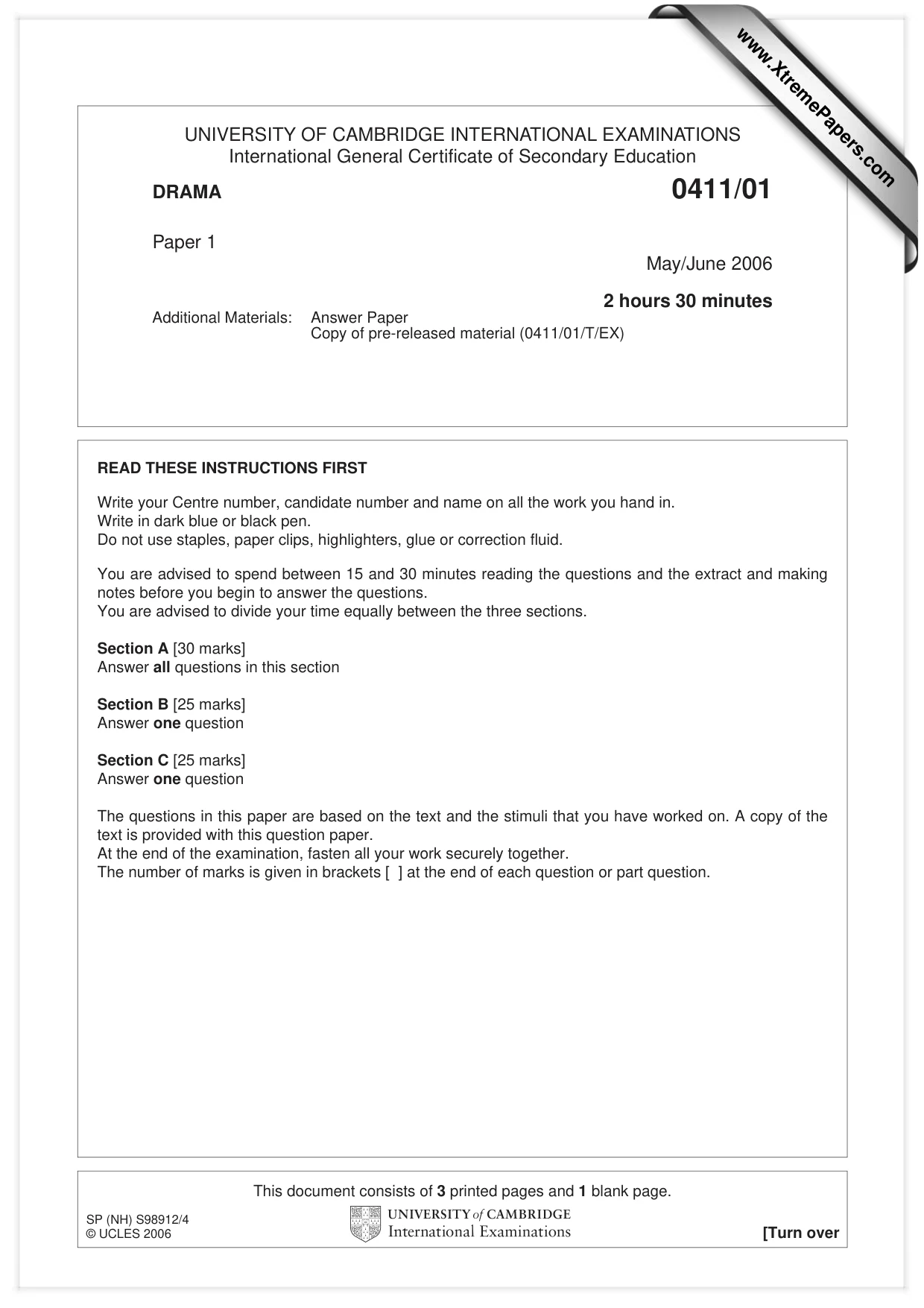 Cambridge IGCSE Drama 0411 2006 May/June Paper 1 · Variant 1 question paper, page 1 of 4