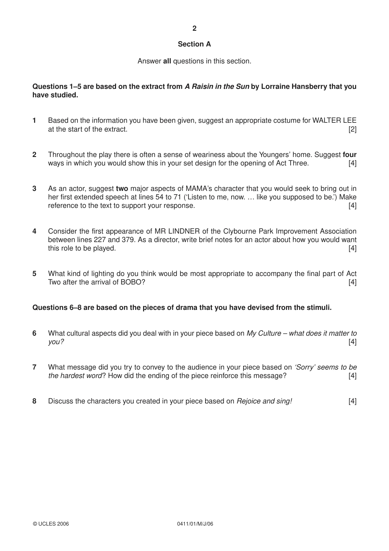 Cambridge IGCSE Drama 0411 2006 May/June Paper 1 · Variant 1 question paper, page 2 of 4