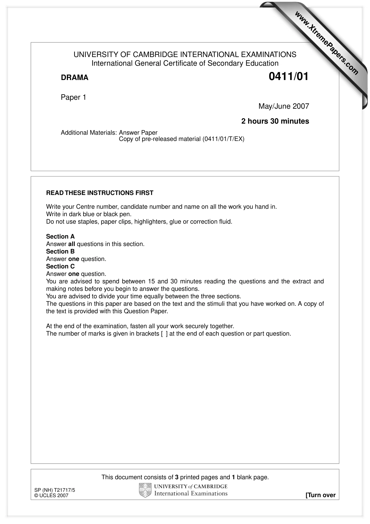 Cambridge IGCSE Drama 0411 2007 May/June Paper 1 · Variant 1 question paper, page 1 of 4