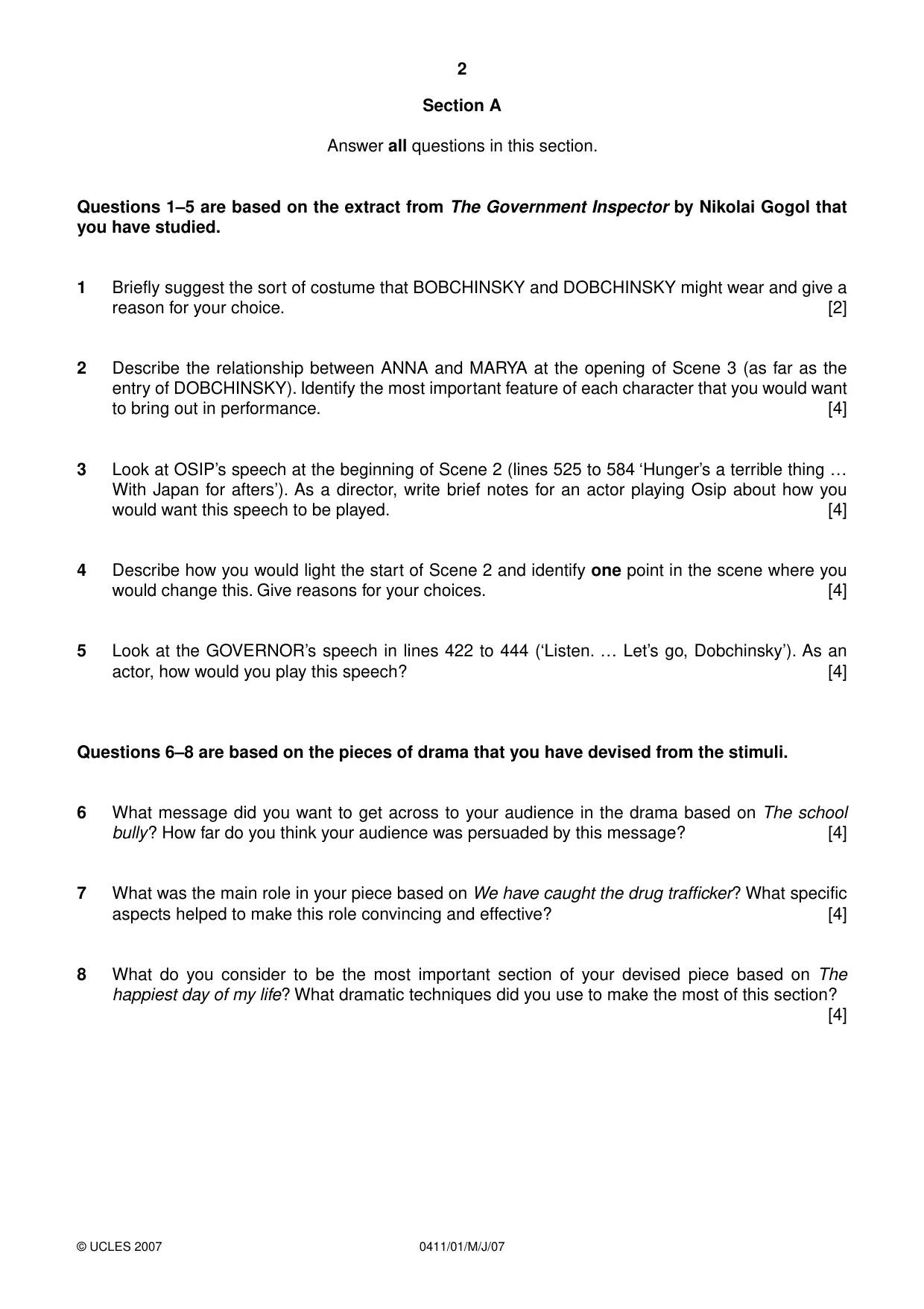 Cambridge IGCSE Drama 0411 2007 May/June Paper 1 · Variant 1 question paper, page 2 of 4