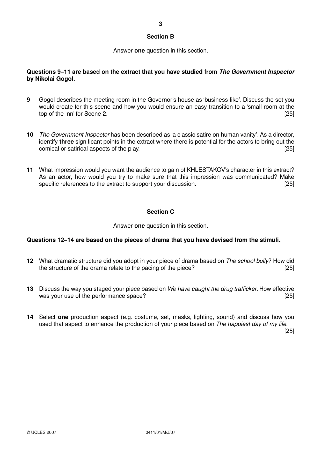 Cambridge IGCSE Drama 0411 2007 May/June Paper 1 · Variant 1 question paper, page 3 of 4