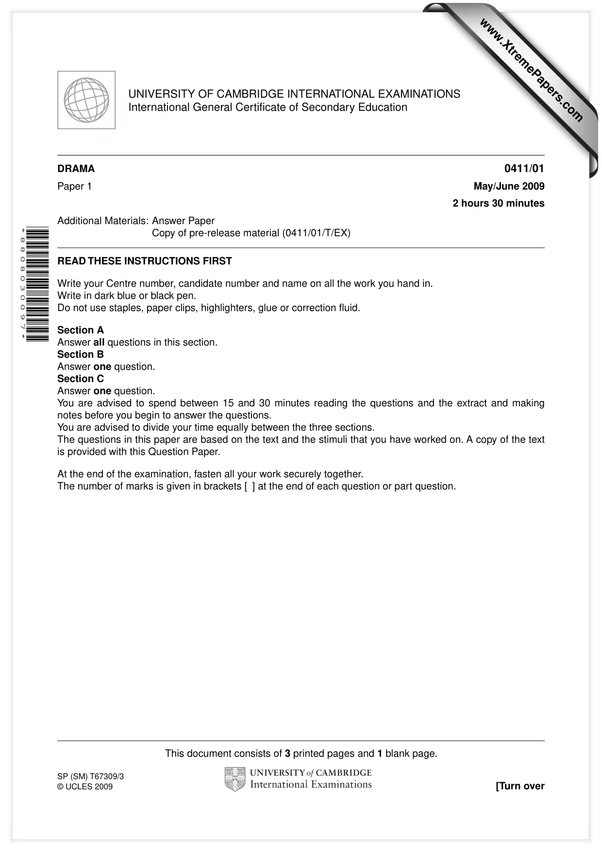 Cambridge IGCSE Drama 0411 2009 May/June Paper 1 · Variant 1 question paper, page 1 of 4