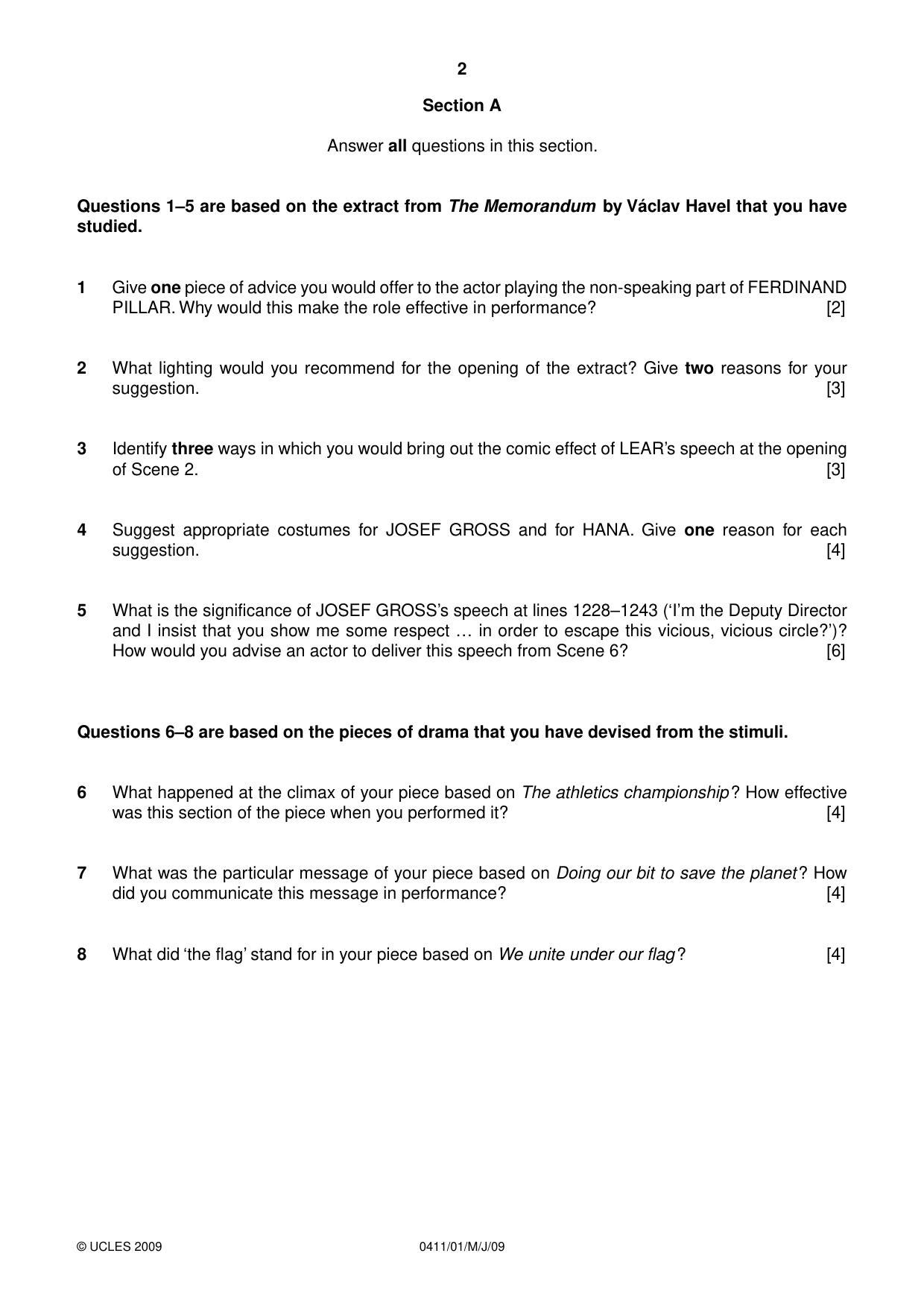 Cambridge IGCSE Drama 0411 2009 May/June Paper 1 · Variant 1 question paper, page 2 of 4