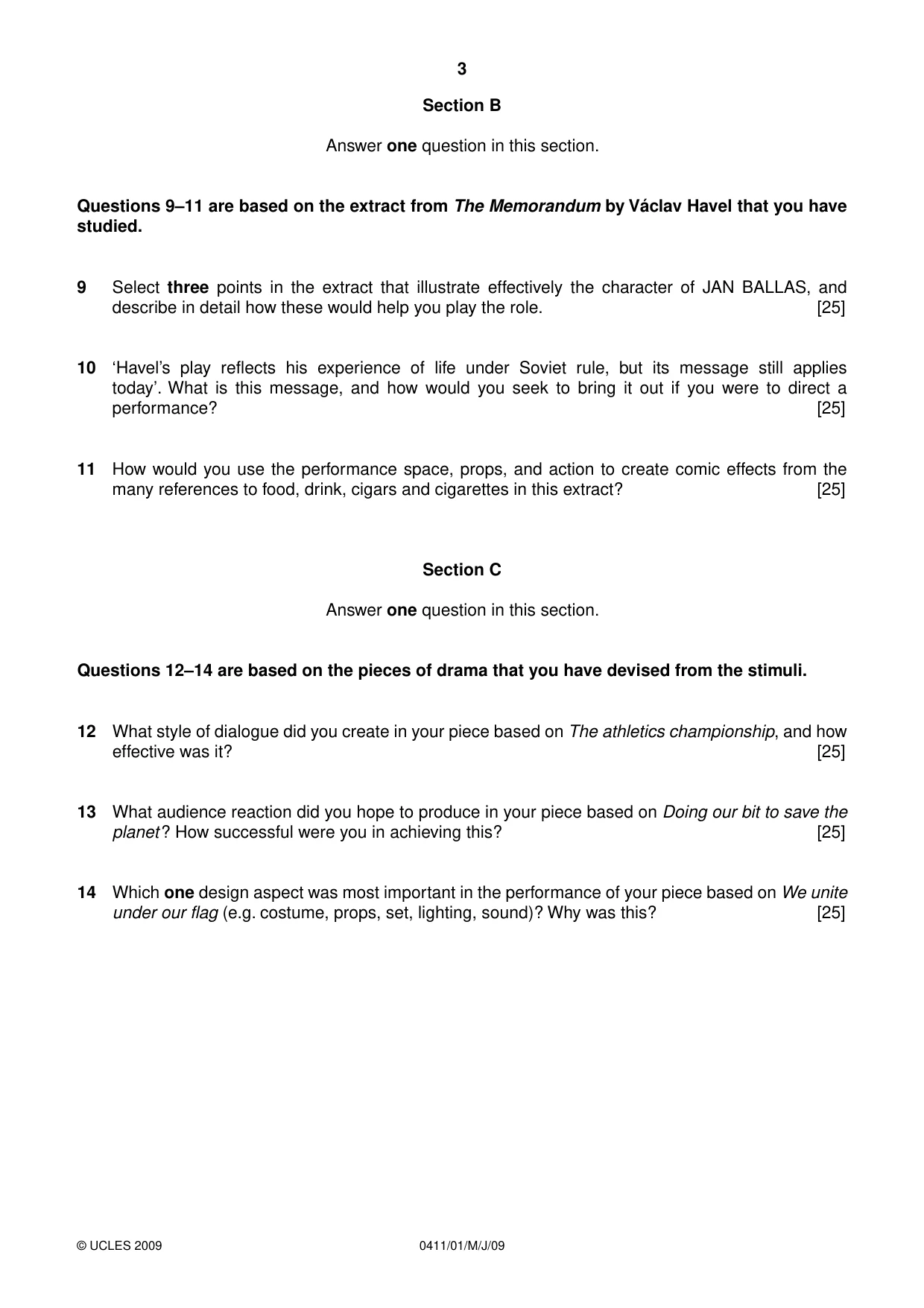 Cambridge IGCSE Drama 0411 2009 May/June Paper 1 · Variant 1 question paper, page 3 of 4