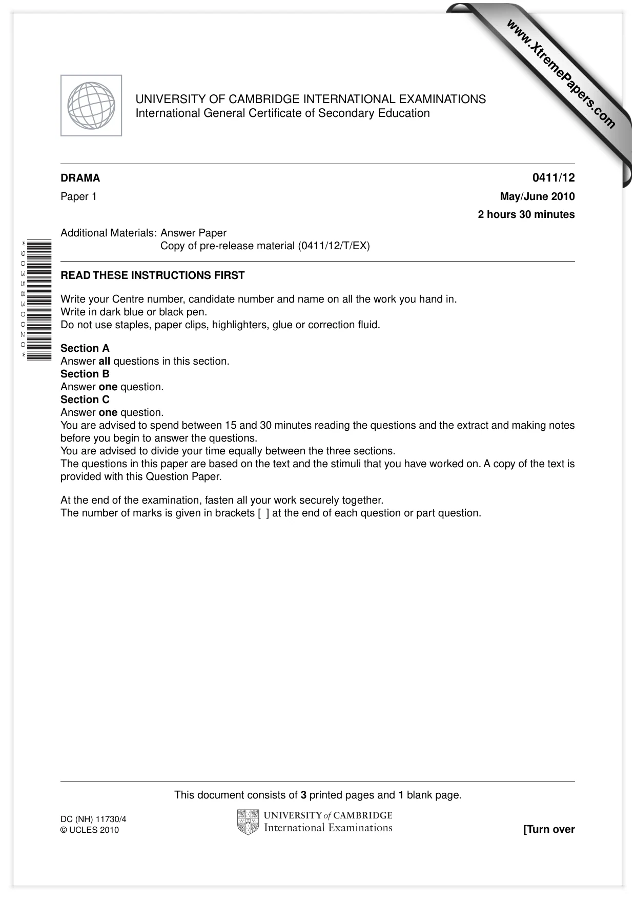 Cambridge IGCSE Drama 0411 2010 May/June Paper 1 · Variant 2 question paper, page 1 of 4