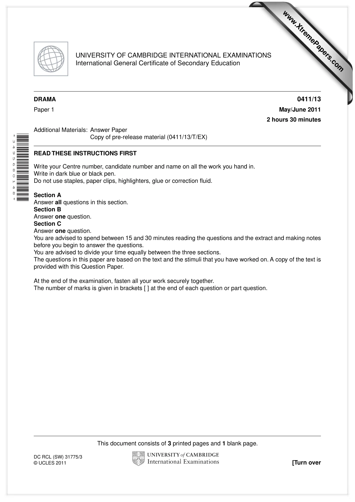 Cambridge IGCSE Drama 0411 2011 May/June Paper 1 · Variant 3 question paper, page 1 of 4