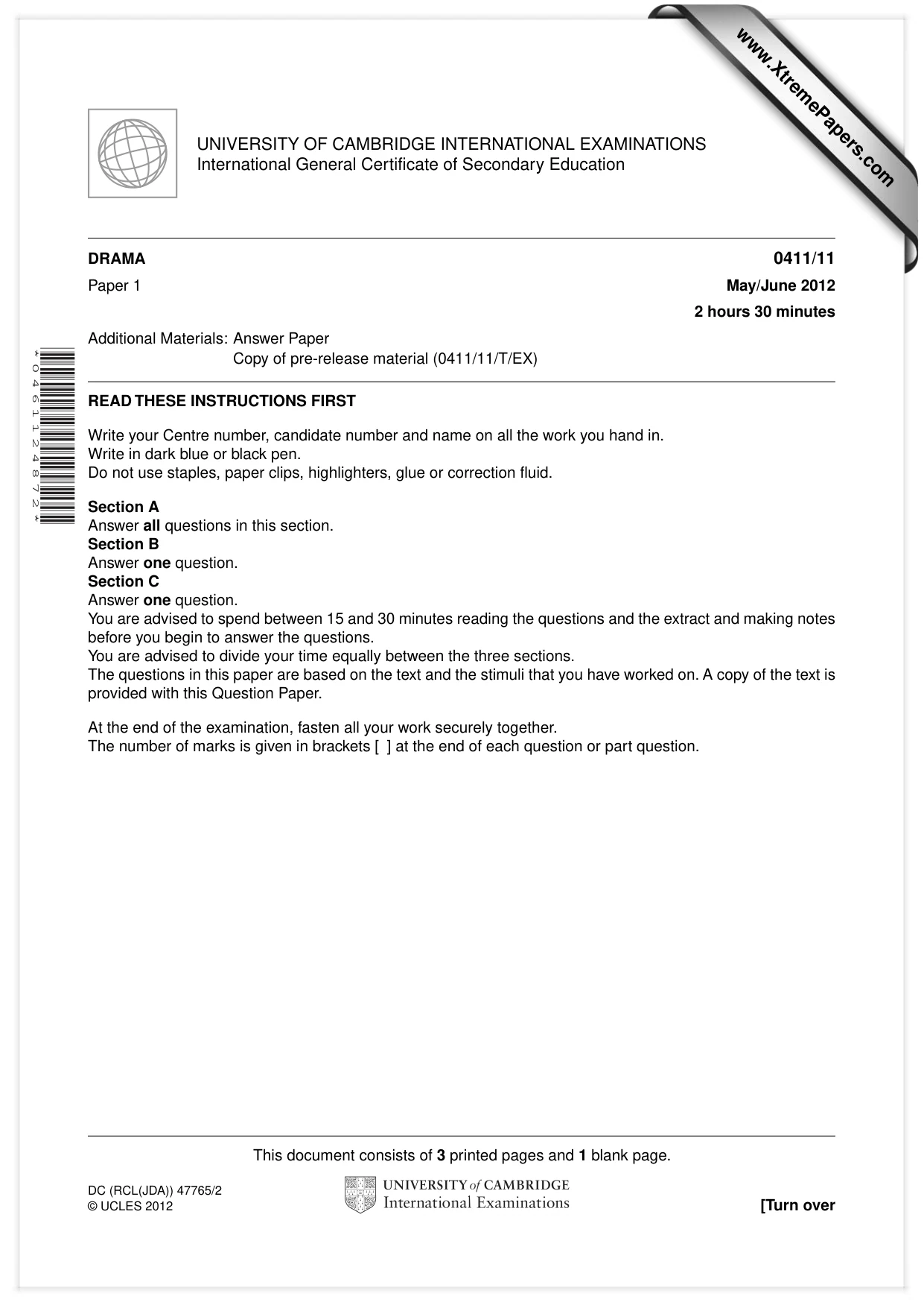 Cambridge IGCSE Drama 0411 2012 May/June Paper 1 · Variant 1 question paper, page 1 of 4