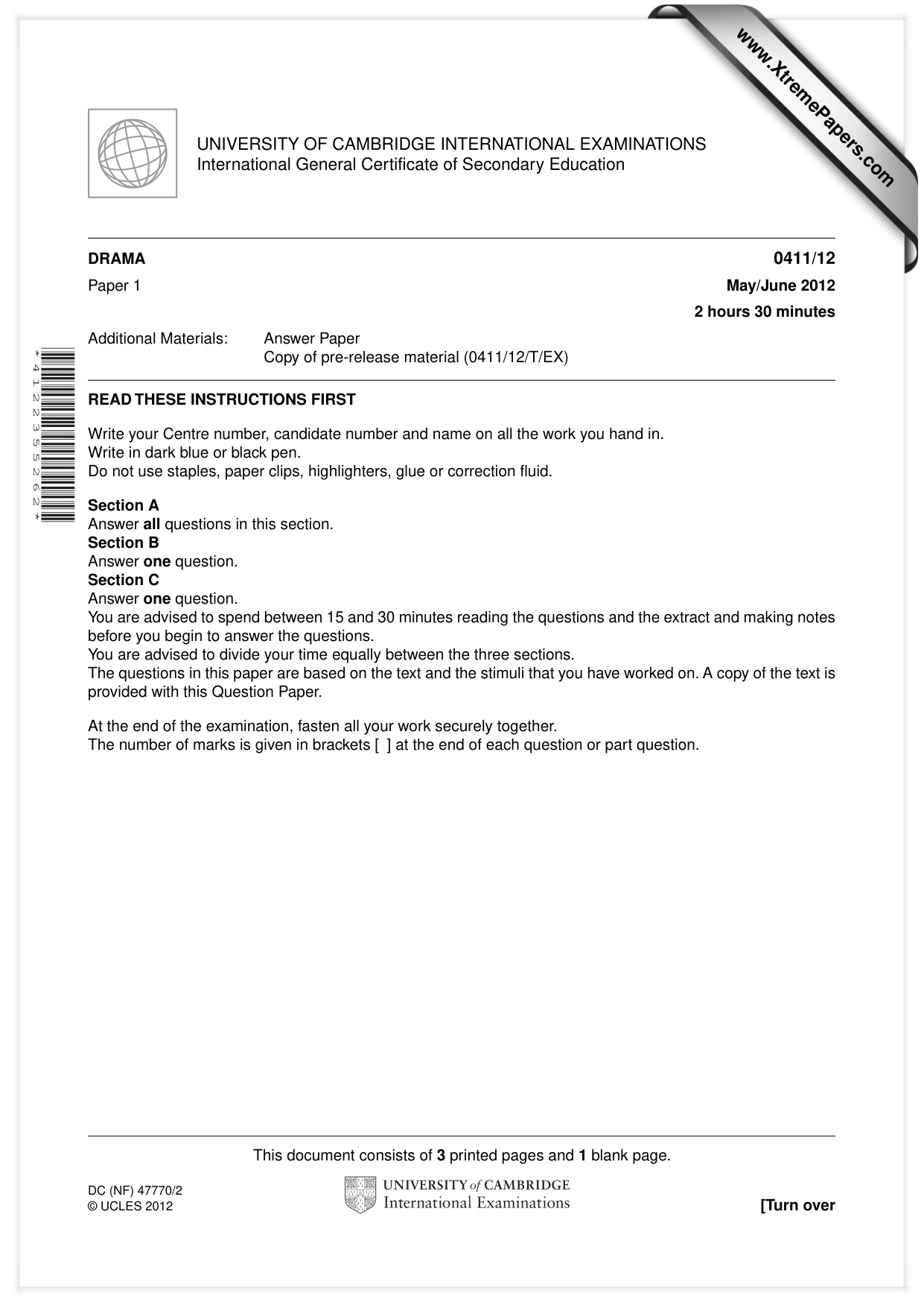 Cambridge IGCSE Drama 0411 2012 May/June Paper 1 · Variant 2 question paper, page 1 of 4