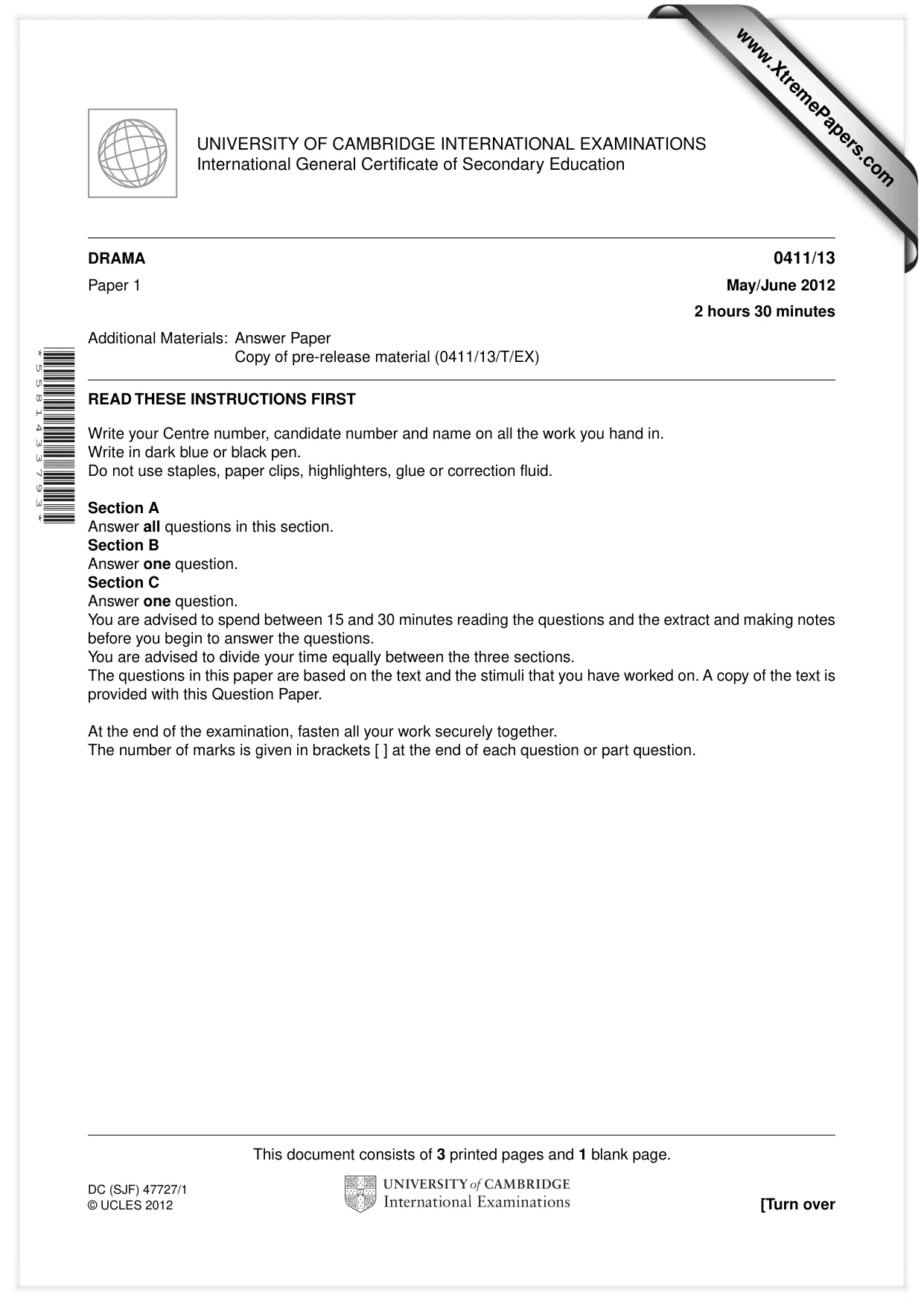 Cambridge IGCSE Drama 0411 2012 May/June Paper 1 · Variant 3 question paper, page 1 of 4