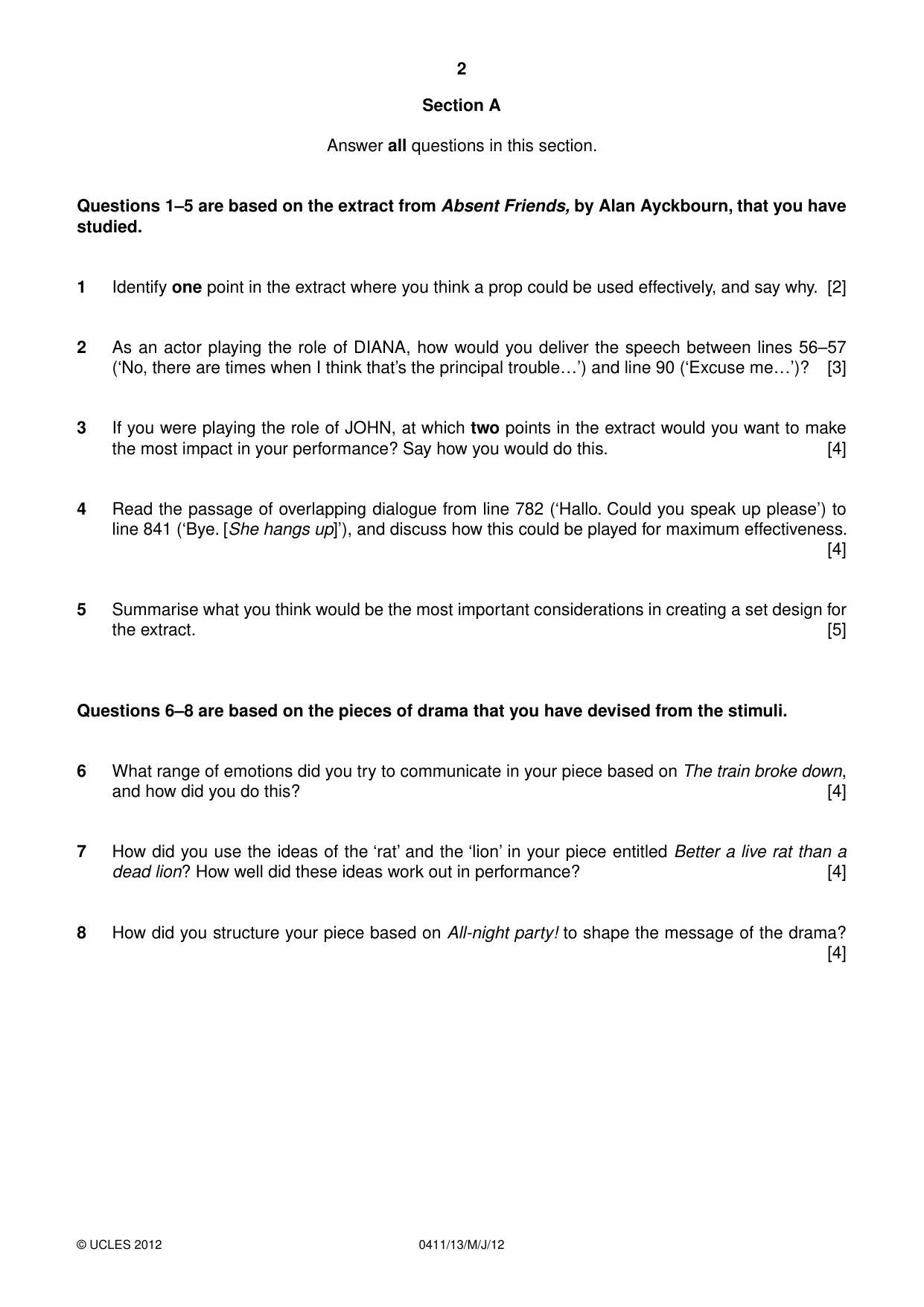 Cambridge IGCSE Drama 0411 2012 May/June Paper 1 · Variant 3 question paper, page 2 of 4