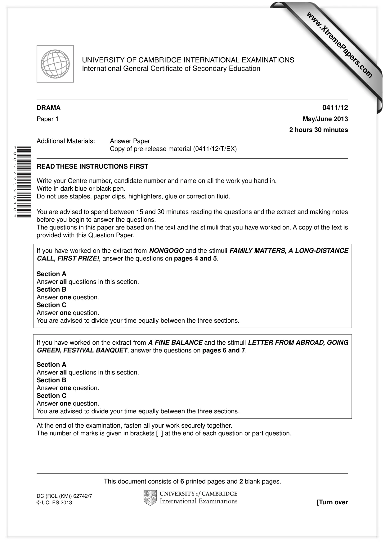 Cambridge IGCSE Drama 0411 2013 May/June Paper 1 · Variant 2 question paper, page 1 of 8