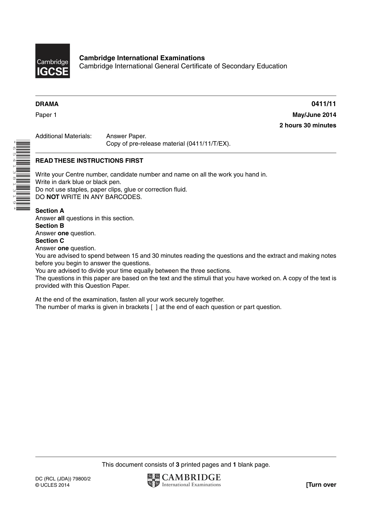 Cambridge IGCSE Drama 0411 2014 May/June Paper 1 · Variant 1 question paper, page 1 of 4